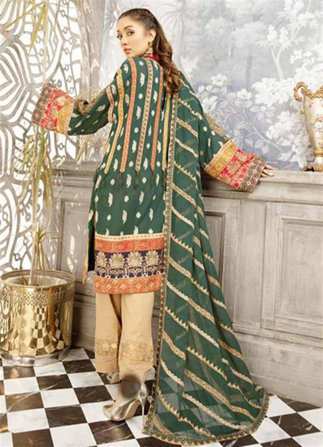 Dark Green Chiffon 3 Piece Readymade Johra Bella Embroidered Lawn Suit