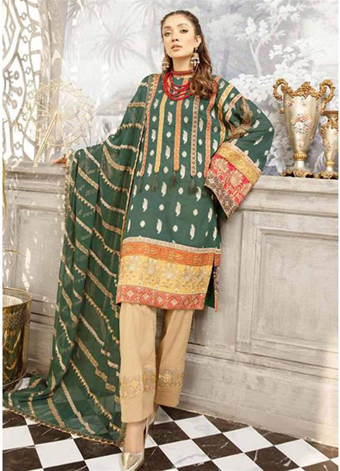 Dark Green Chiffon 3 Piece Readymade Johra Bella Embroidered Lawn Suit