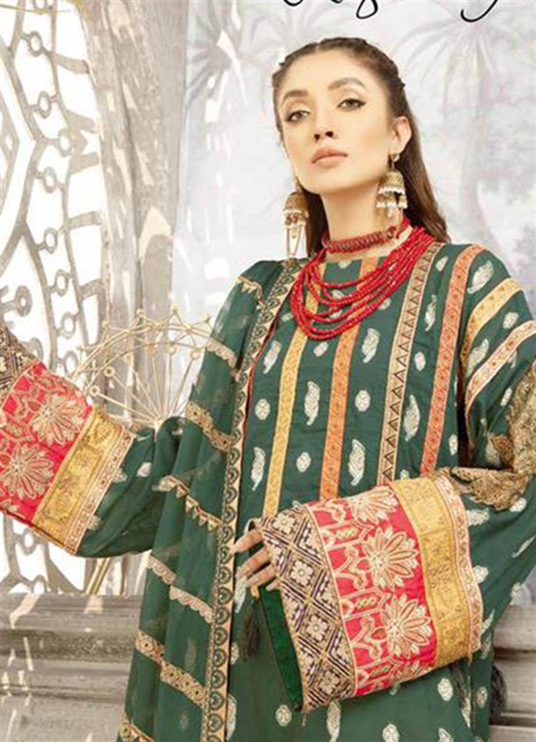 Dark Green Chiffon 3 Piece Readymade Johra Bella Embroidered Lawn Suit