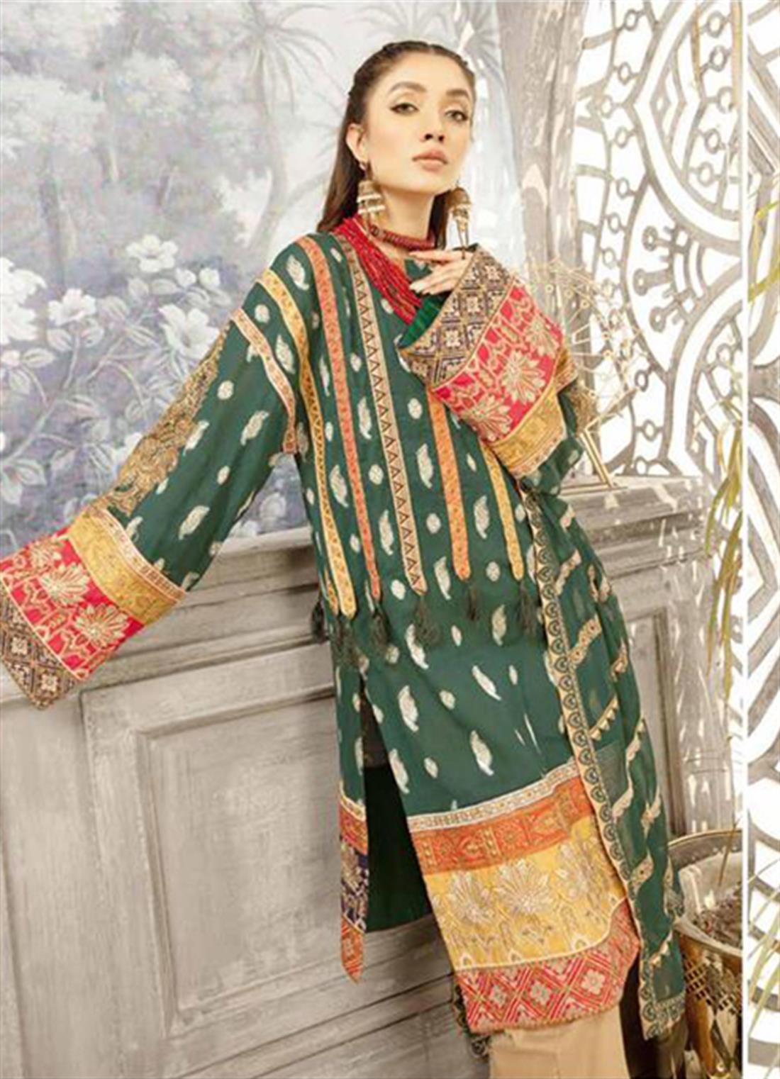 Dark Green Chiffon 3 Piece Readymade Johra Bella Embroidered Lawn Suit