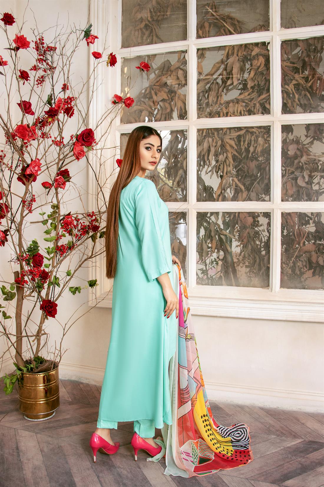Sea Green Printed Chiffon Readymade Linen Salwar Suit & Dupatta