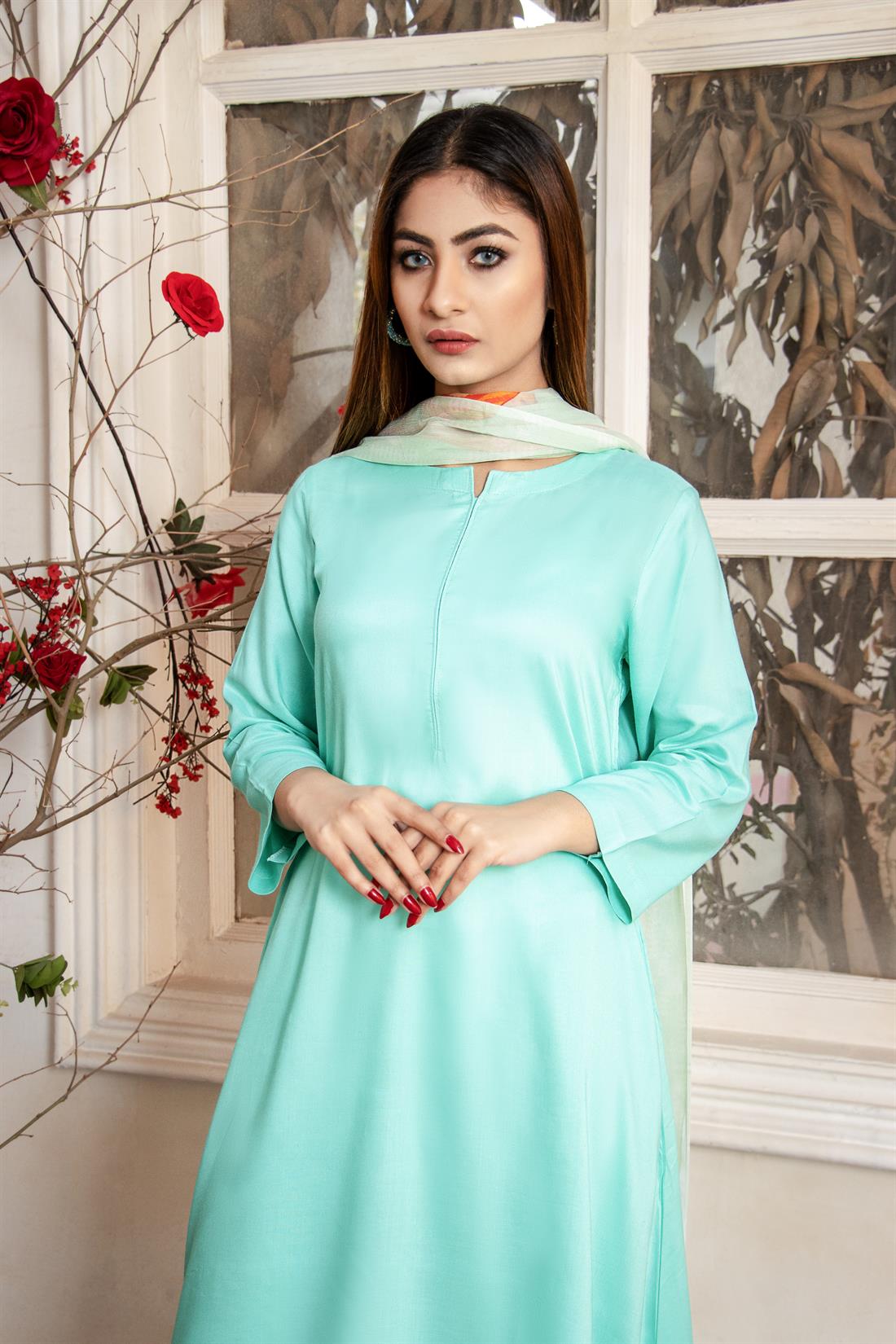 Sea Green Printed Chiffon Readymade Linen Salwar Suit & Dupatta