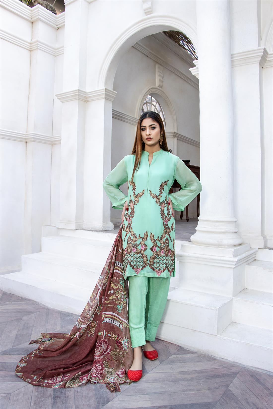 Light Green 3 Piece Stunning Embroidered Chiffon Suit