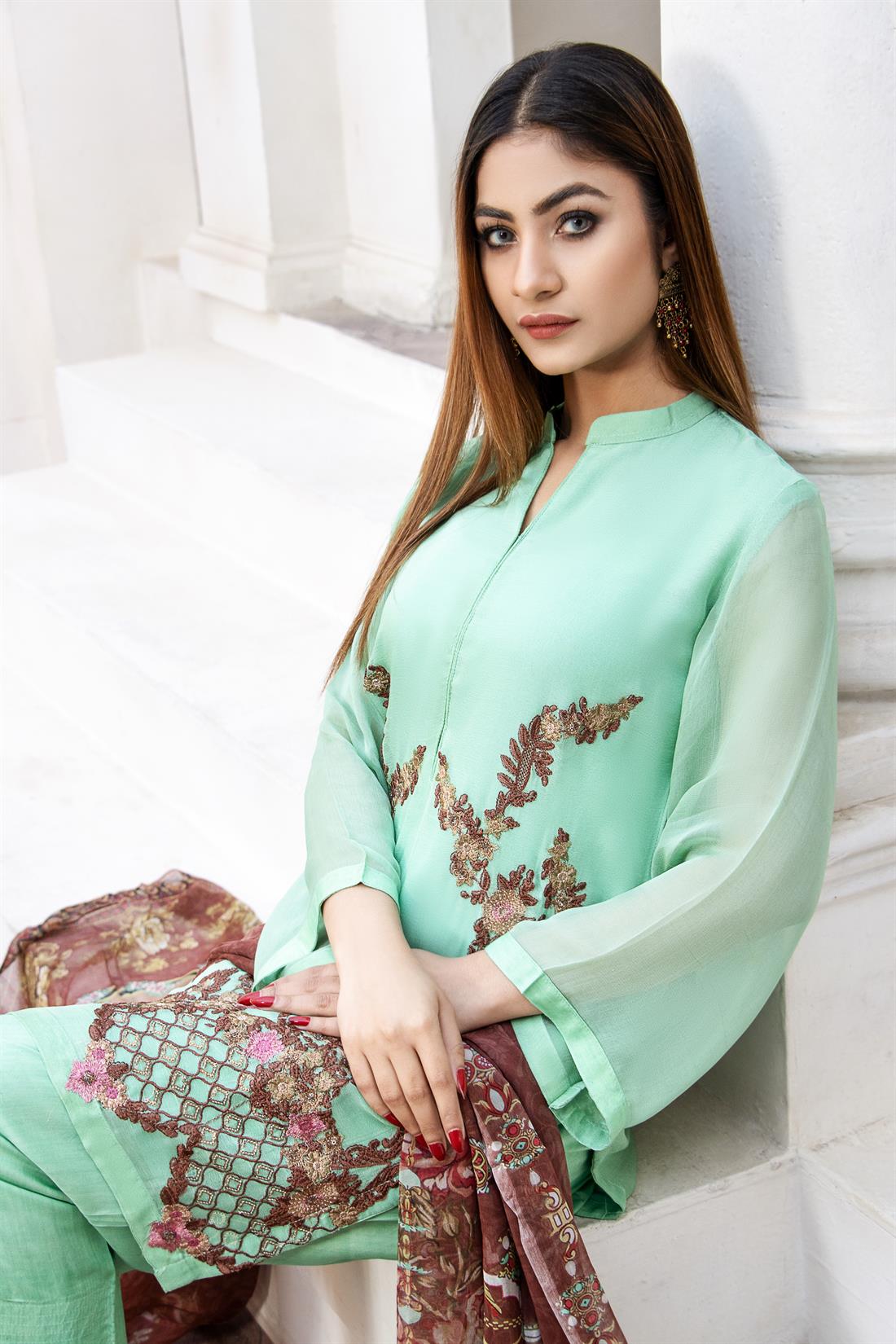 Light Green 3 Piece Stunning Embroidered Chiffon Suit