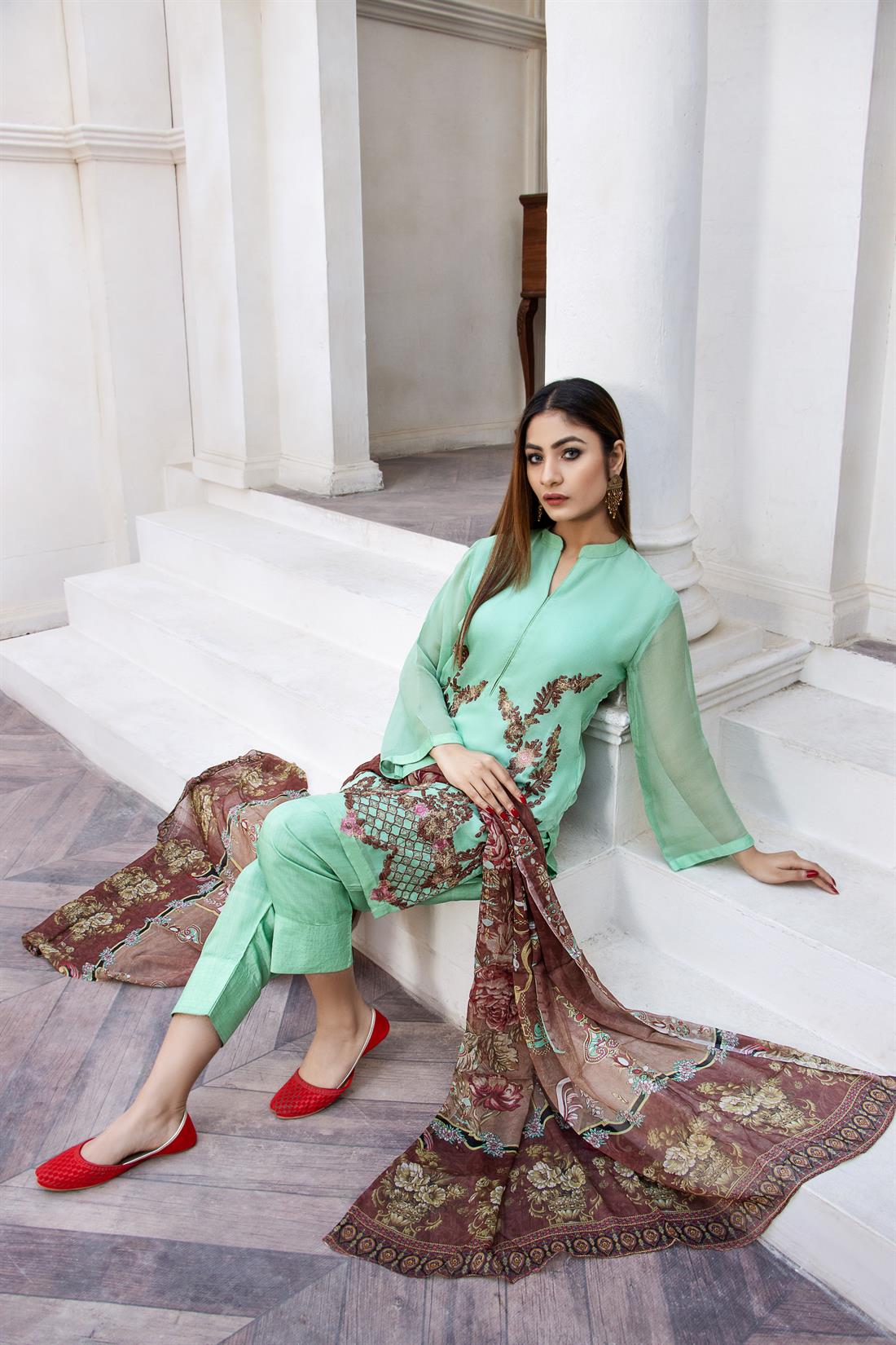 Light Green 3 Piece Stunning Embroidered Chiffon Suit