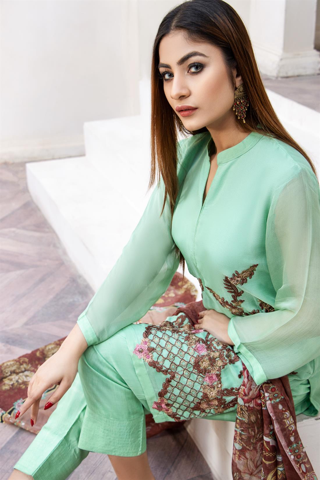Light Green 3 Piece Stunning Embroidered Chiffon Suit