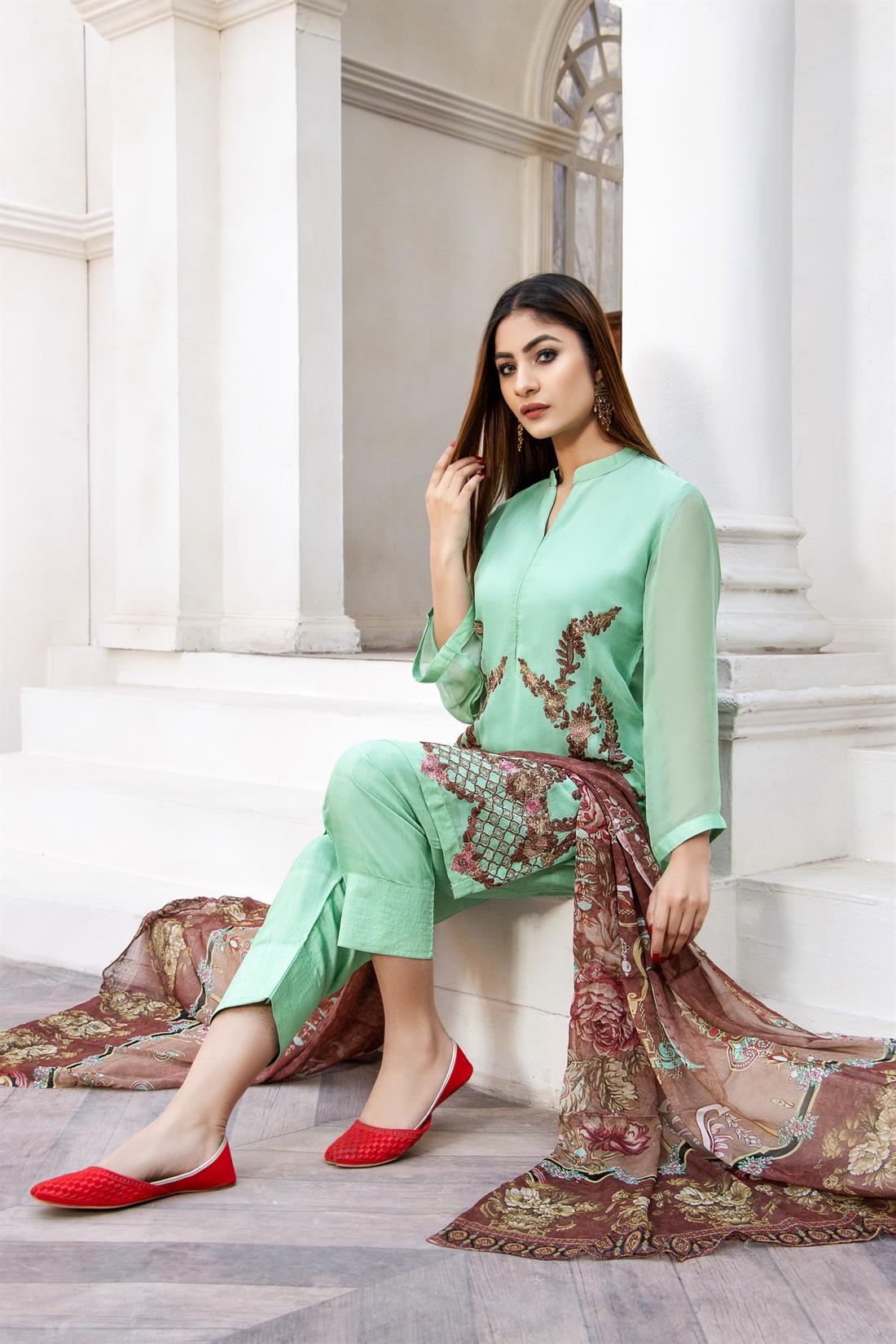 Light Green 3 Piece Stunning Embroidered Chiffon Suit