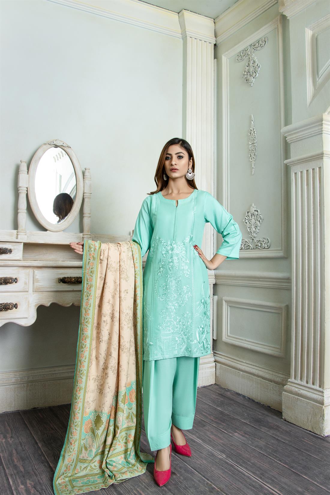 Green Thread Embroidered Linen Suit with Printed Dupatta