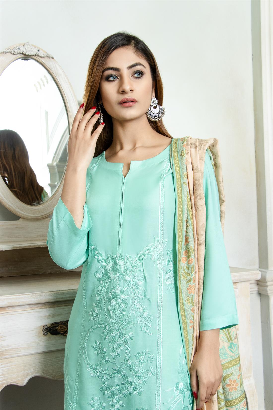 Green Thread Embroidered Linen Suit with Printed Dupatta
