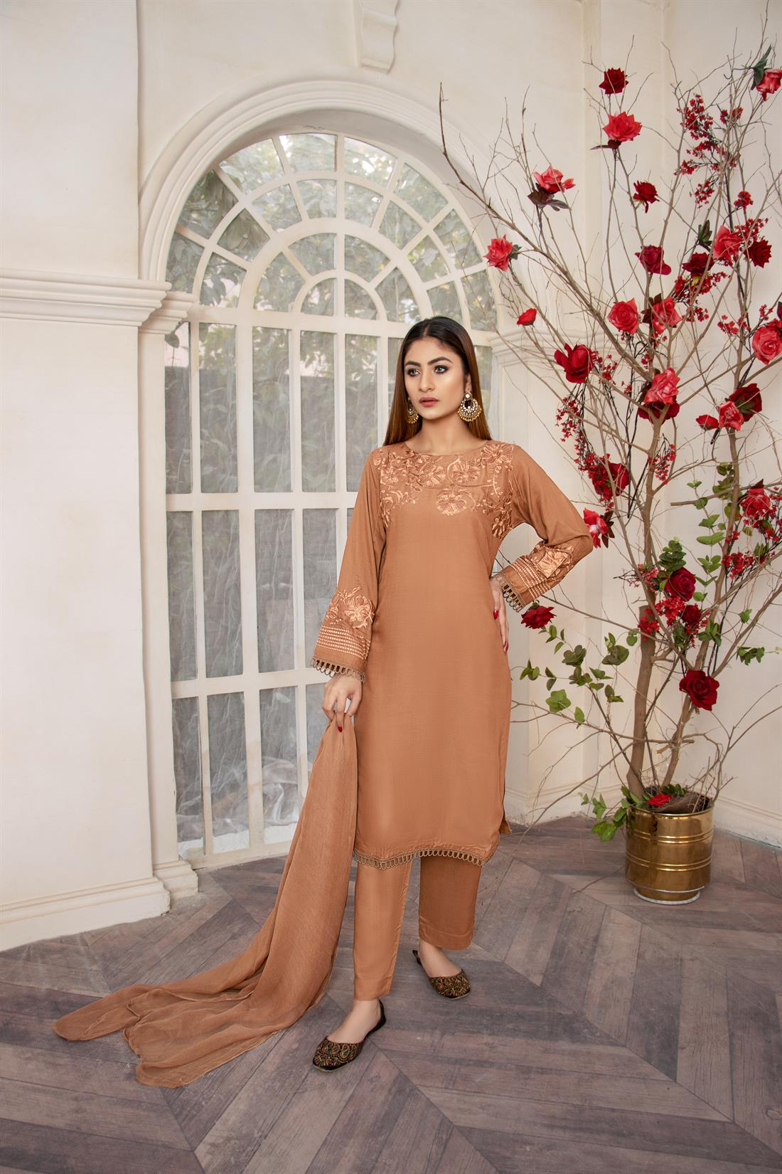 Brown Embroidered Readymade Linen Suit & Chiffon Dupatta