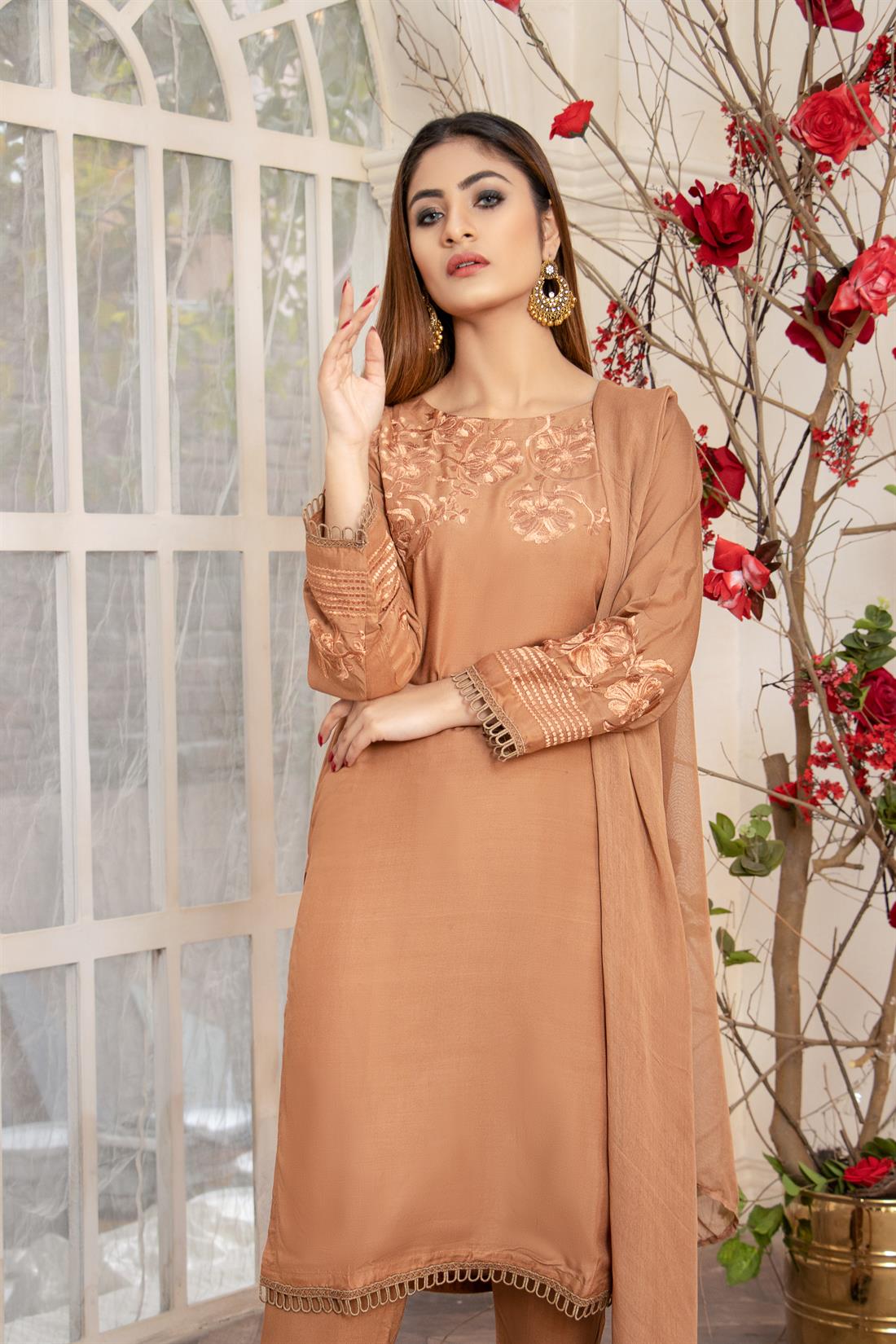 Brown Embroidered Readymade Linen Suit & Chiffon Dupatta