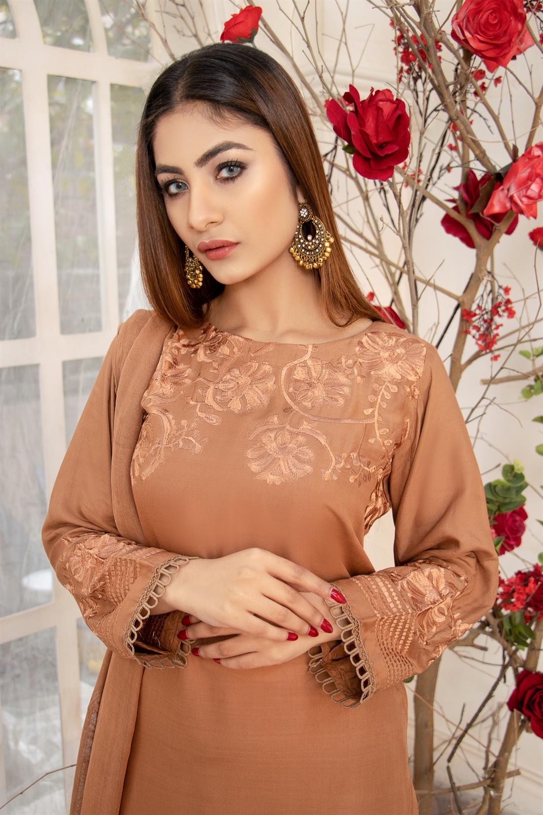 Brown Embroidered Readymade Linen Suit & Chiffon Dupatta