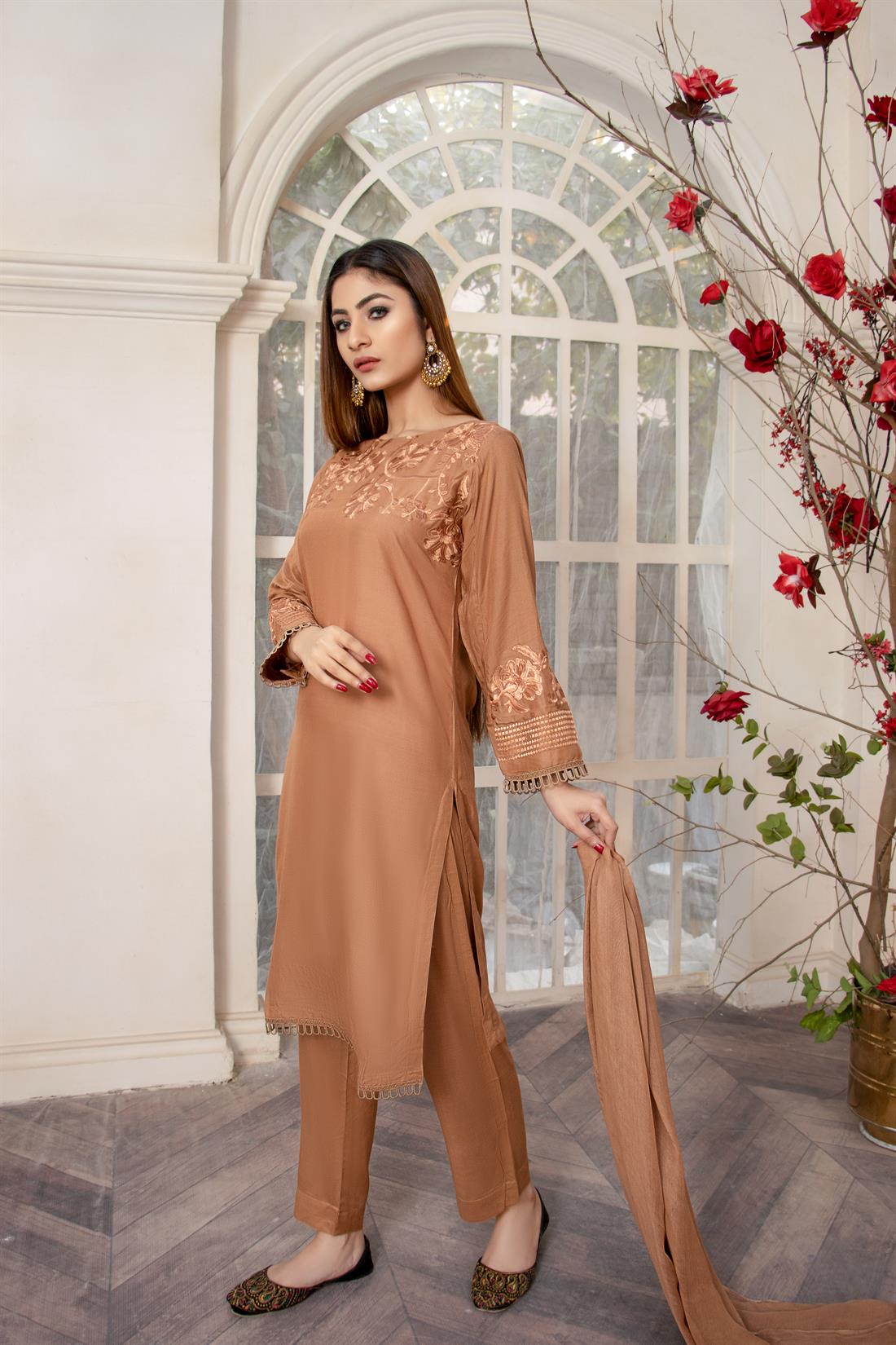 Brown Embroidered Readymade Linen Suit & Chiffon Dupatta