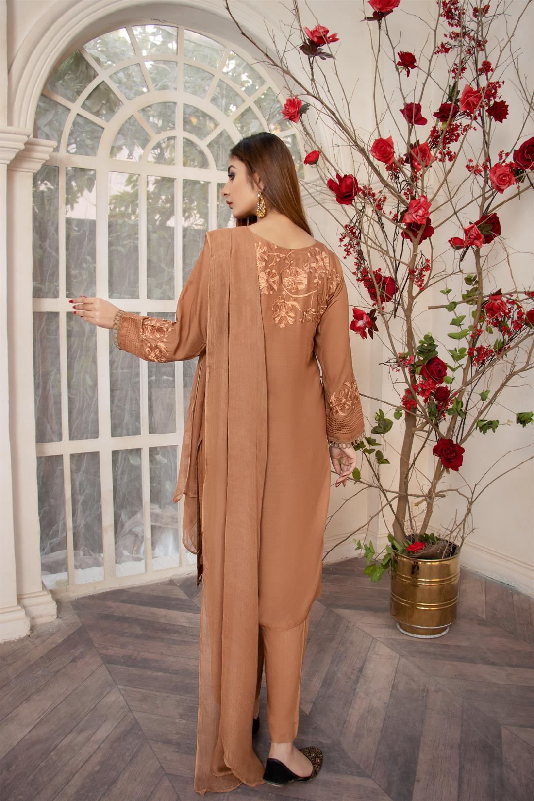 Brown Embroidered Readymade Linen Suit & Chiffon Dupatta
