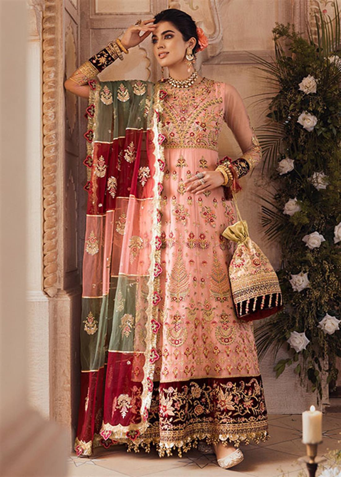 Pink Raw Silk Fine Net Embroidered Readymade Maxi Dress