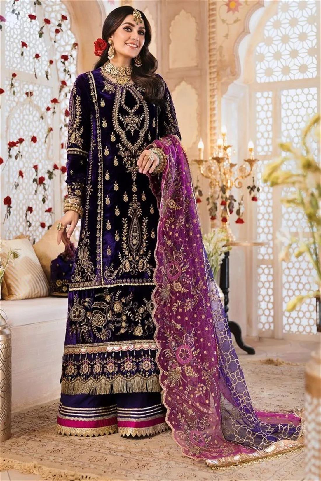 Purple Embroidered 3 Piece Velvet Kameez with Raw Silk Palazzo
