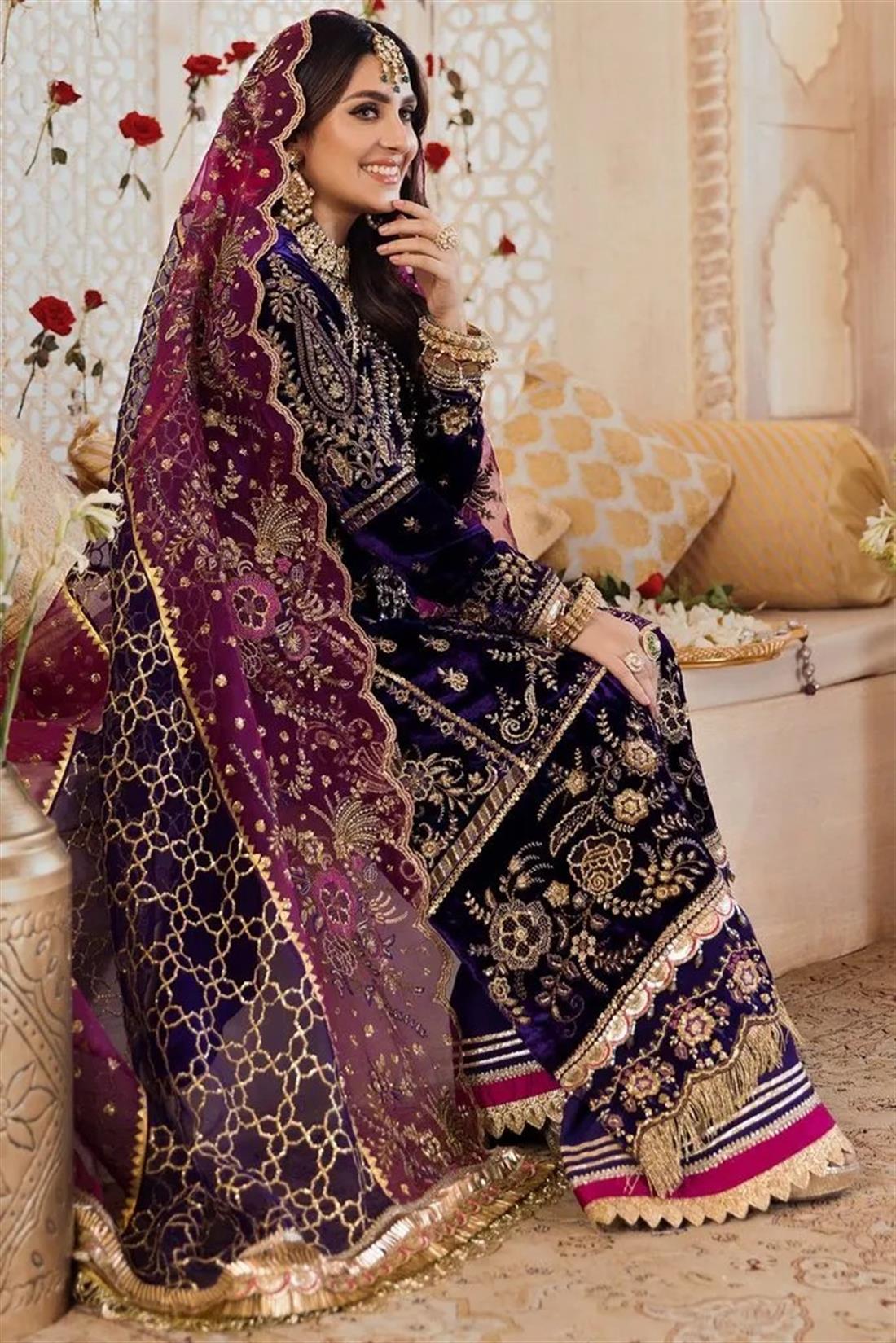 Purple Embroidered 3 Piece Velvet Kameez with Raw Silk Palazzo