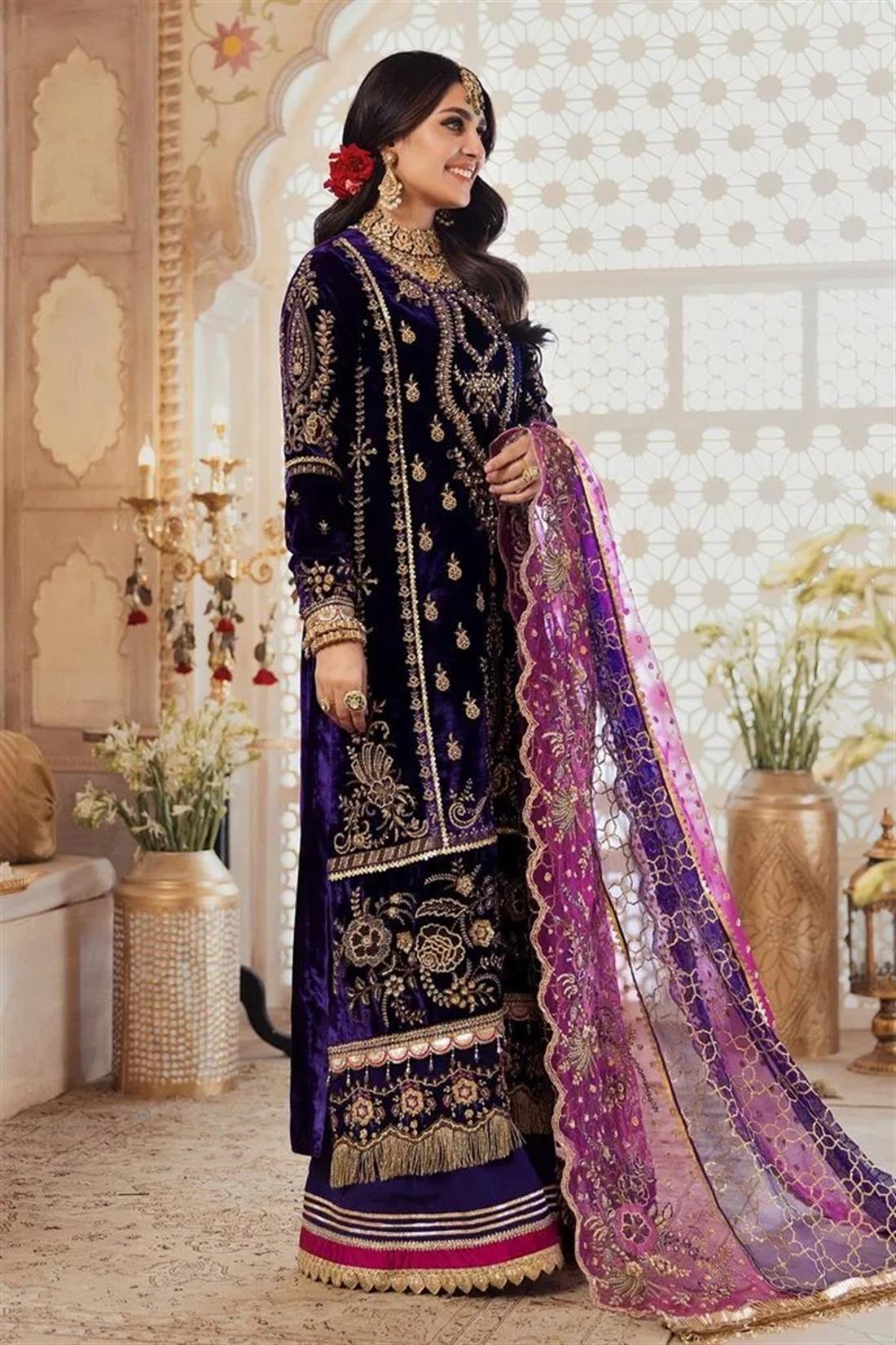 Purple Embroidered 3 Piece Velvet Kameez with Raw Silk Palazzo