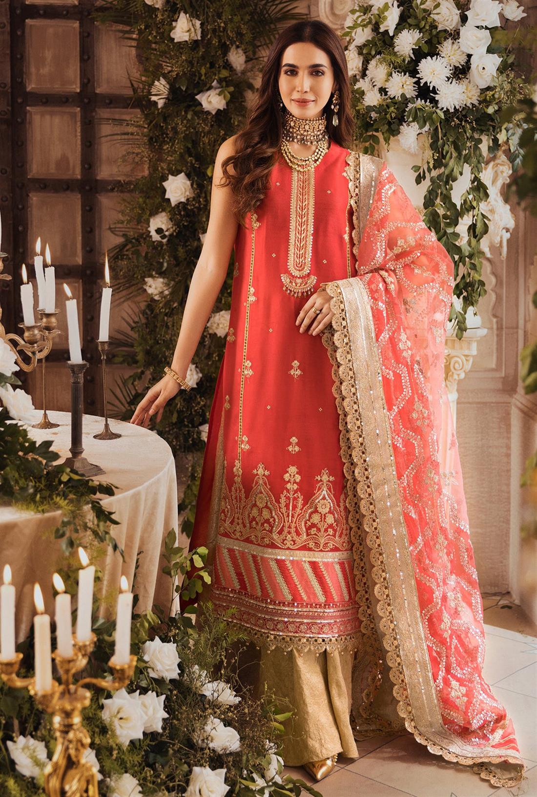 Fiery Rose Pink Raw Silk Palazzo Embroidered Readymade Salwar Kameez