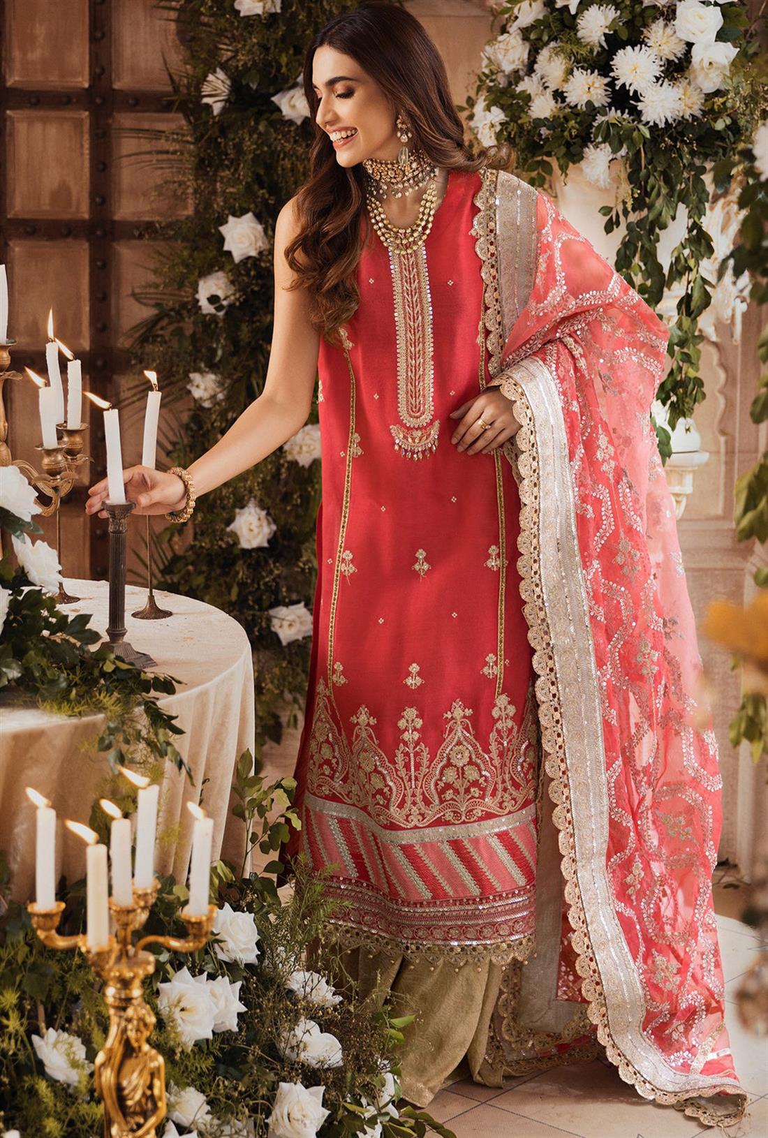 Fiery Rose Pink Raw Silk Palazzo Embroidered Readymade Salwar Kameez