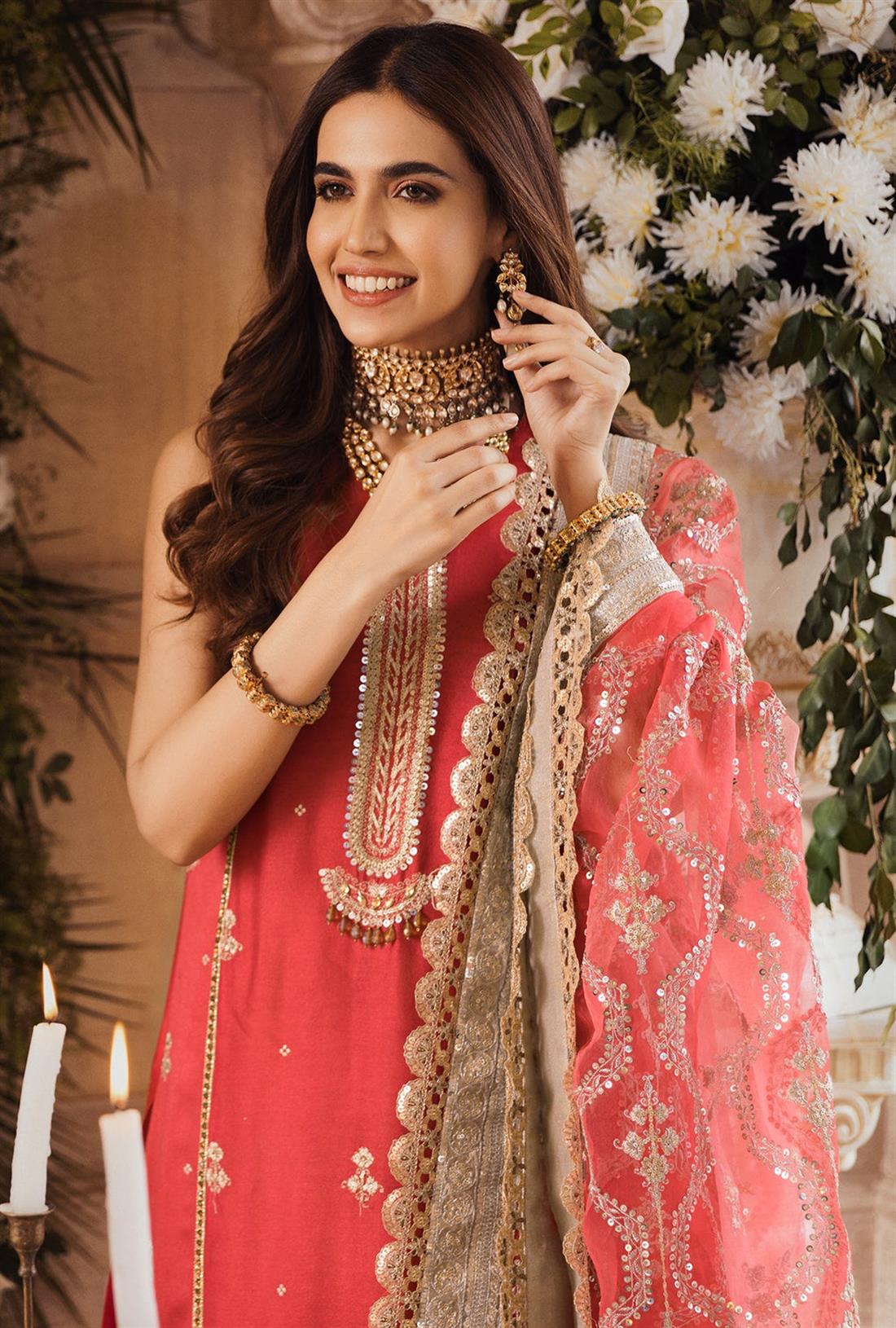 Fiery Rose Pink Raw Silk Palazzo Embroidered Readymade Salwar Kameez