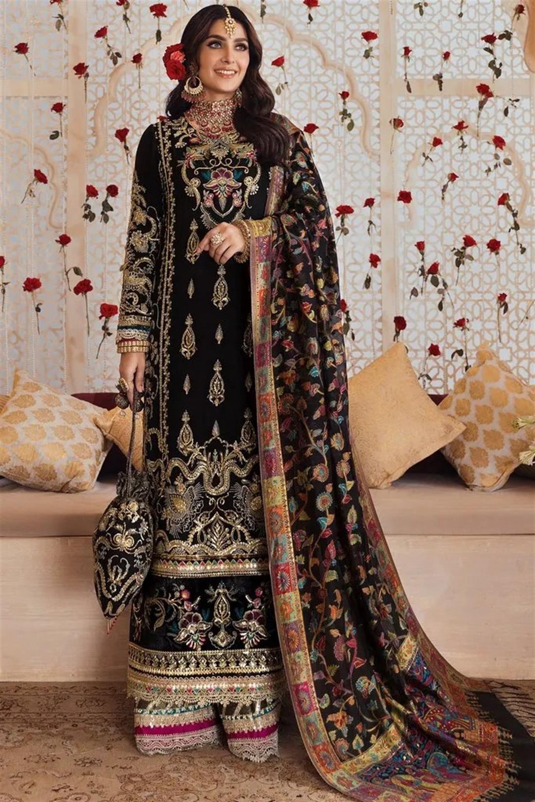 Black Raw Silk Gharara Heavy Embroidered 3 Piece Salwar Suit with Dupatta