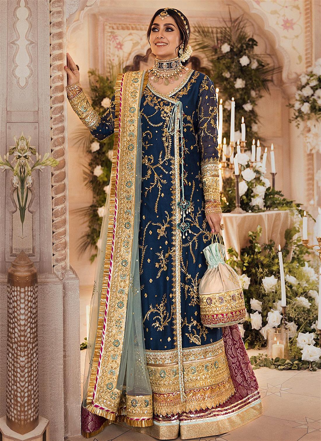 Teal Blue Angrakha 3 Piece Embroidered Readymade Chiffon Suit