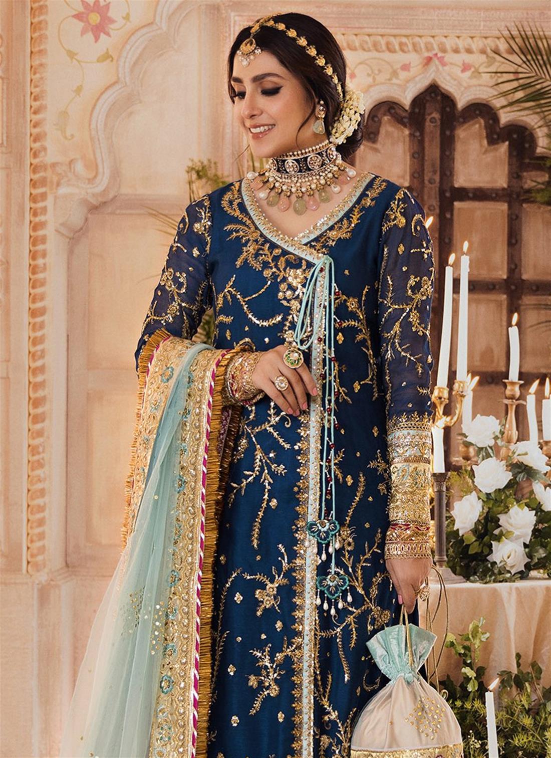 Teal Blue Angrakha 3 Piece Embroidered Readymade Chiffon Suit