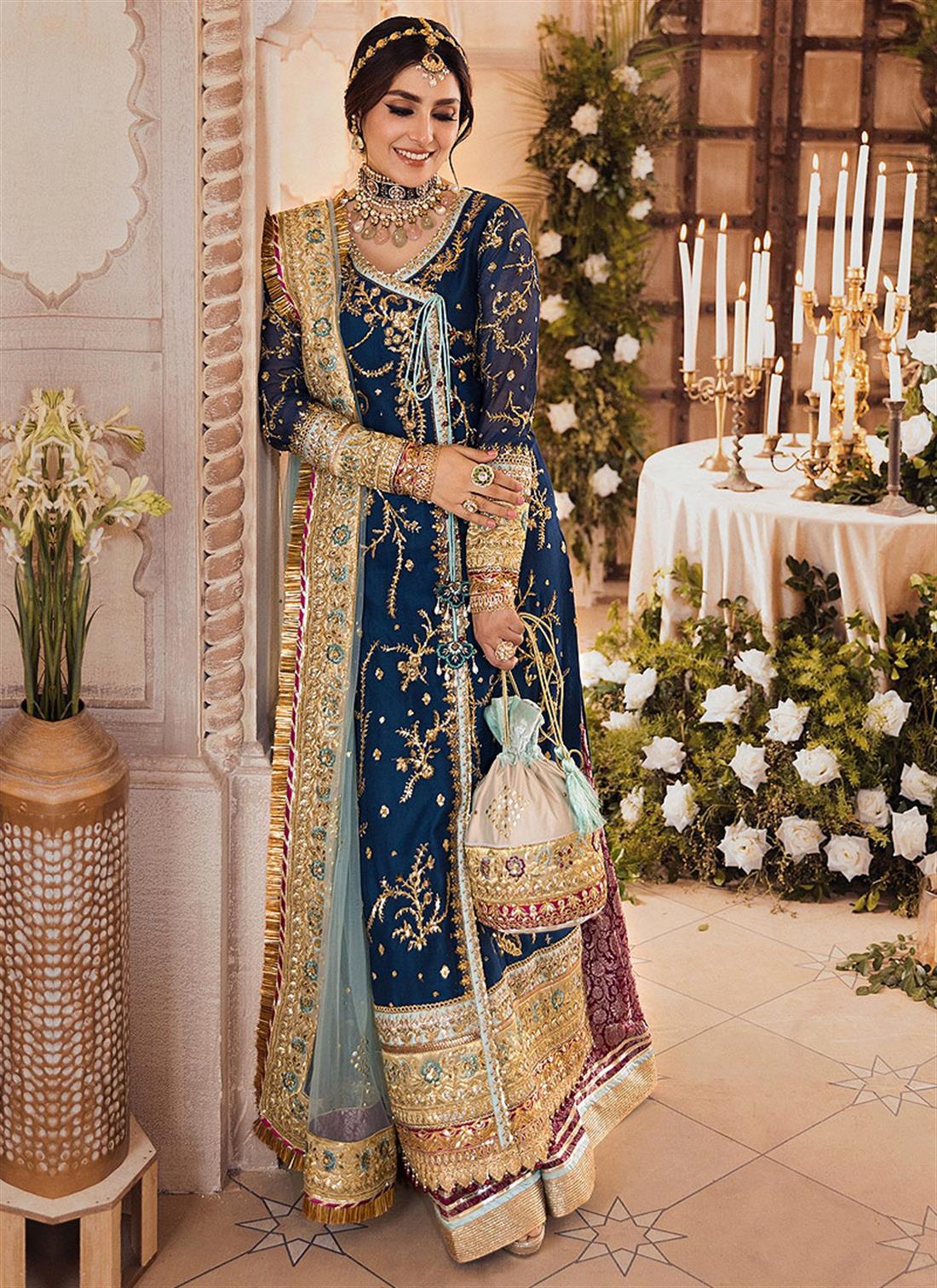 Teal Blue Angrakha 3 Piece Embroidered Readymade Chiffon Suit
