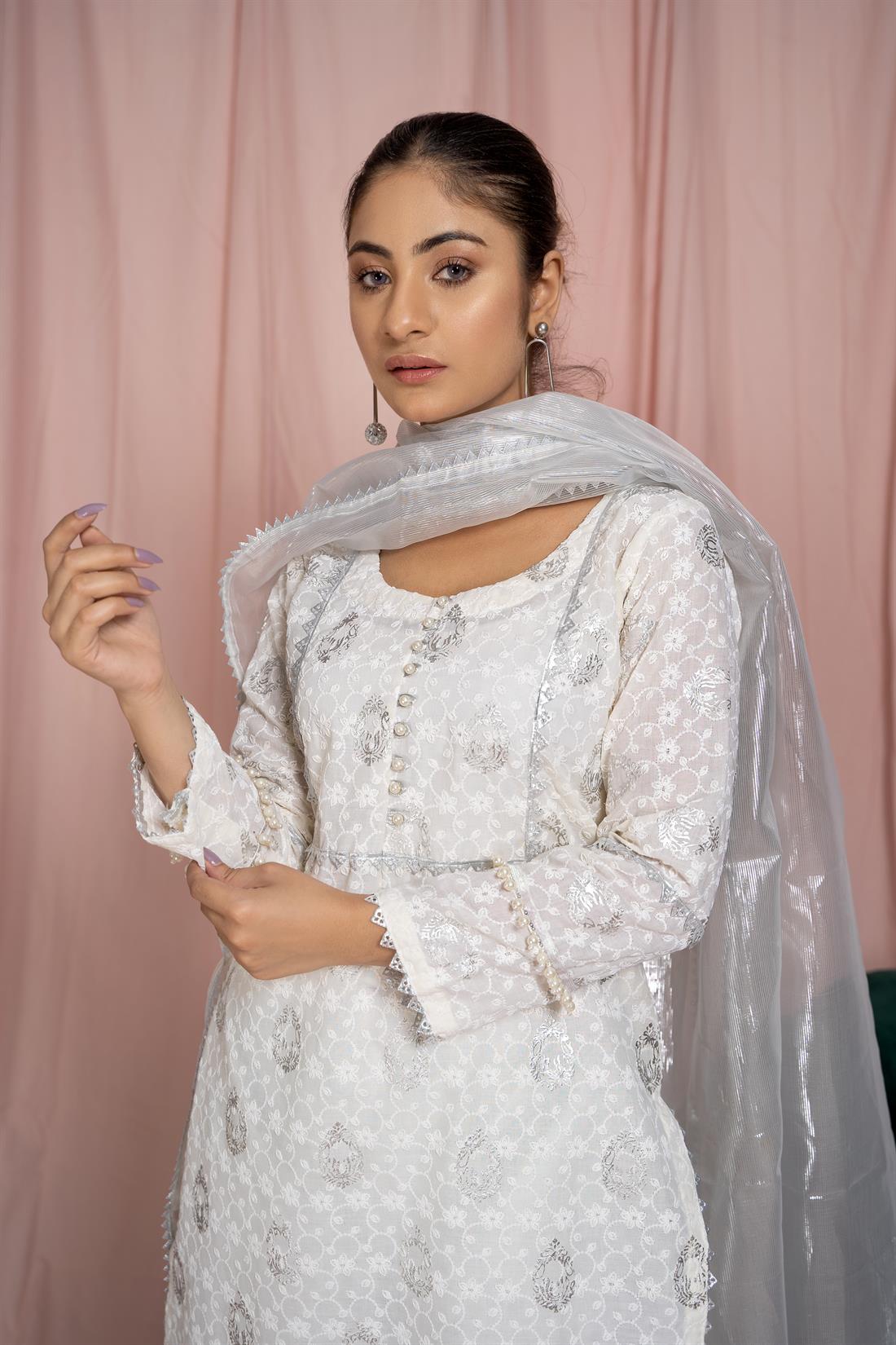Cream Organza Pastel Pink Embroidered Salwar Kameez with Dupatta