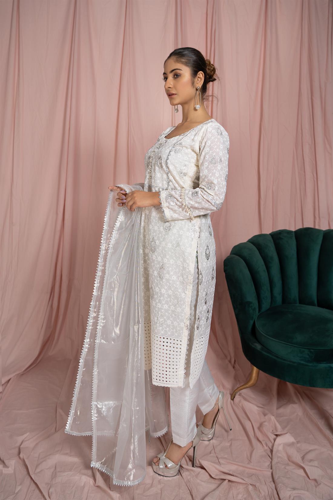 Cream Organza Pastel Pink Embroidered Salwar Kameez with Dupatta