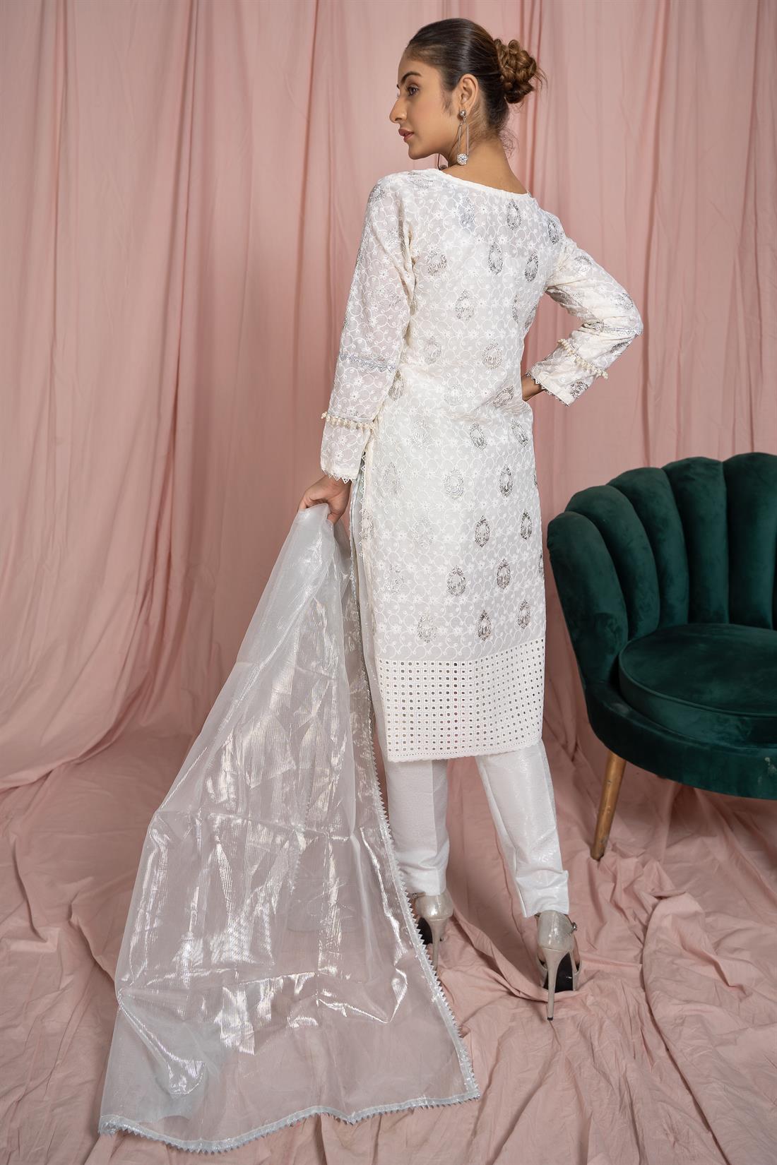 Cream Organza Pastel Pink Embroidered Salwar Kameez with Dupatta
