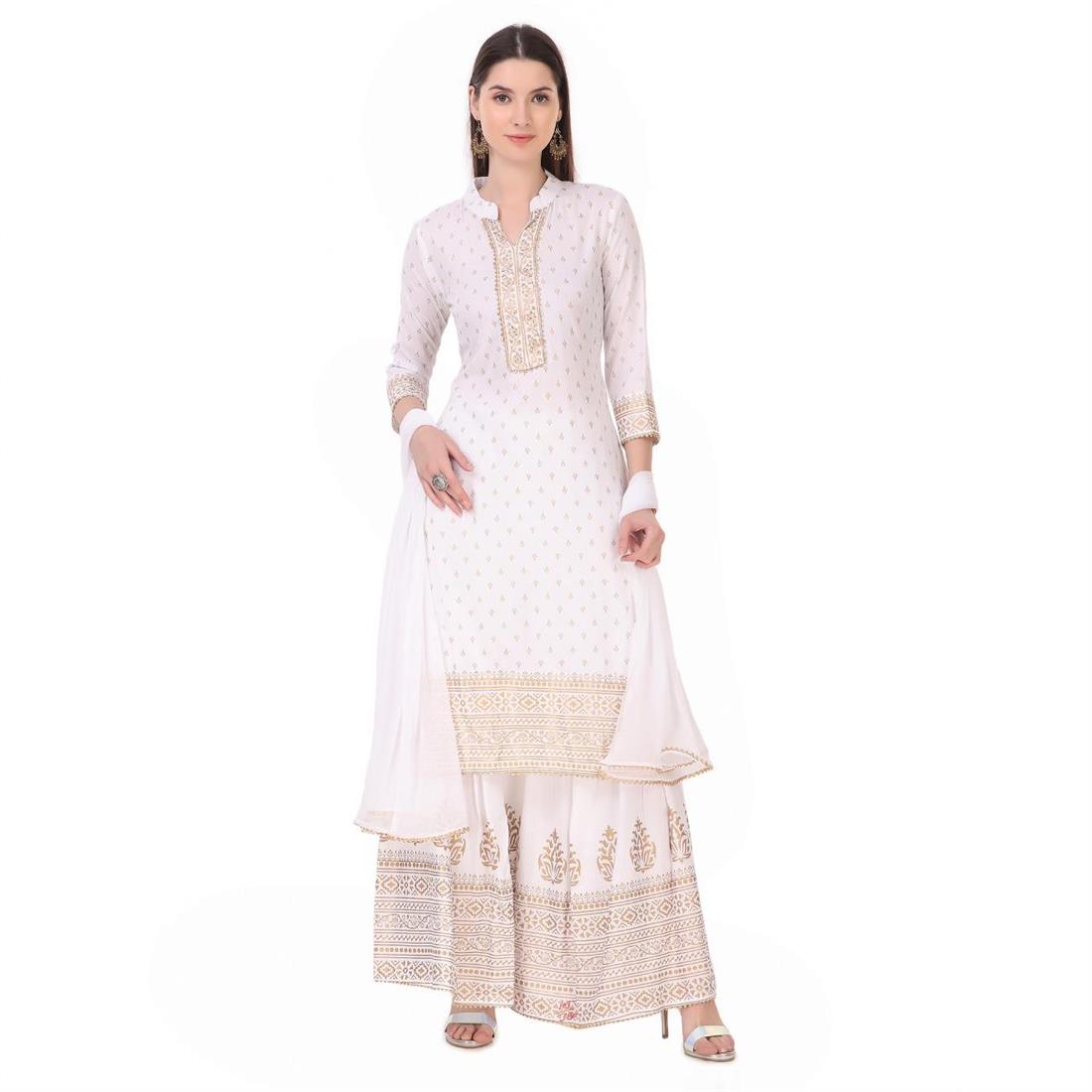 White Simple Rayon 3 Piece Readymade Suit with Gharara