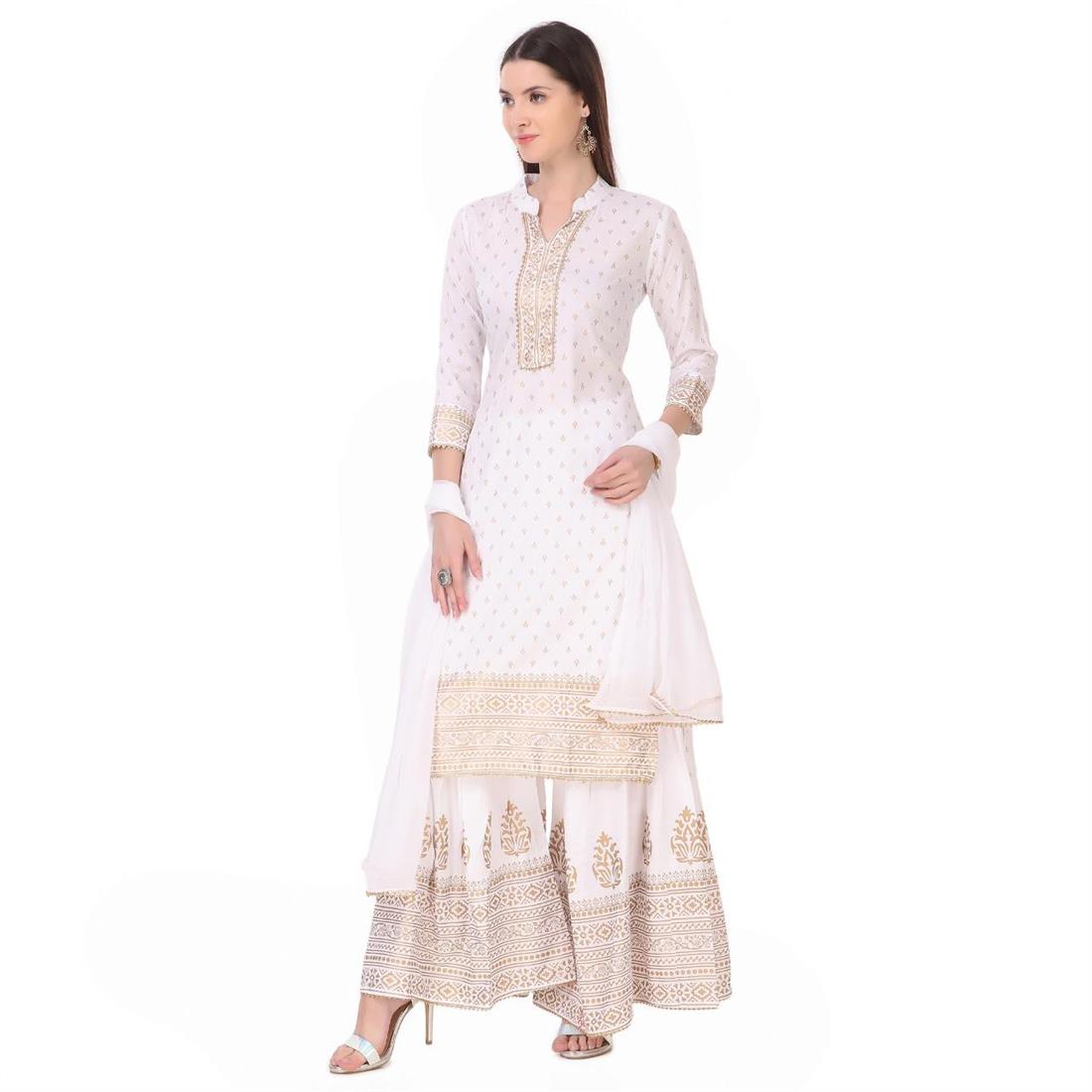 White Simple Rayon 3 Piece Readymade Suit with Gharara