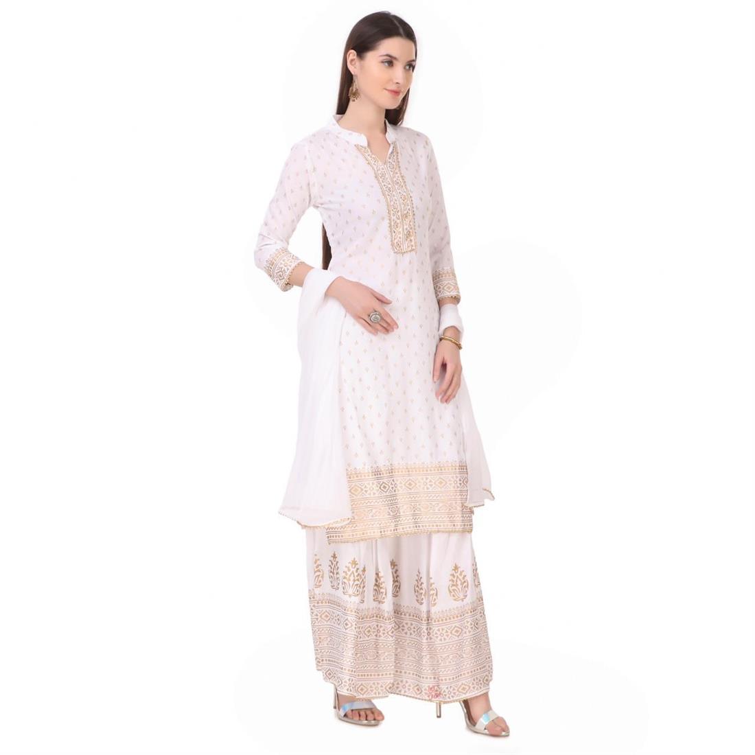 White Simple Rayon 3 Piece Readymade Suit with Gharara
