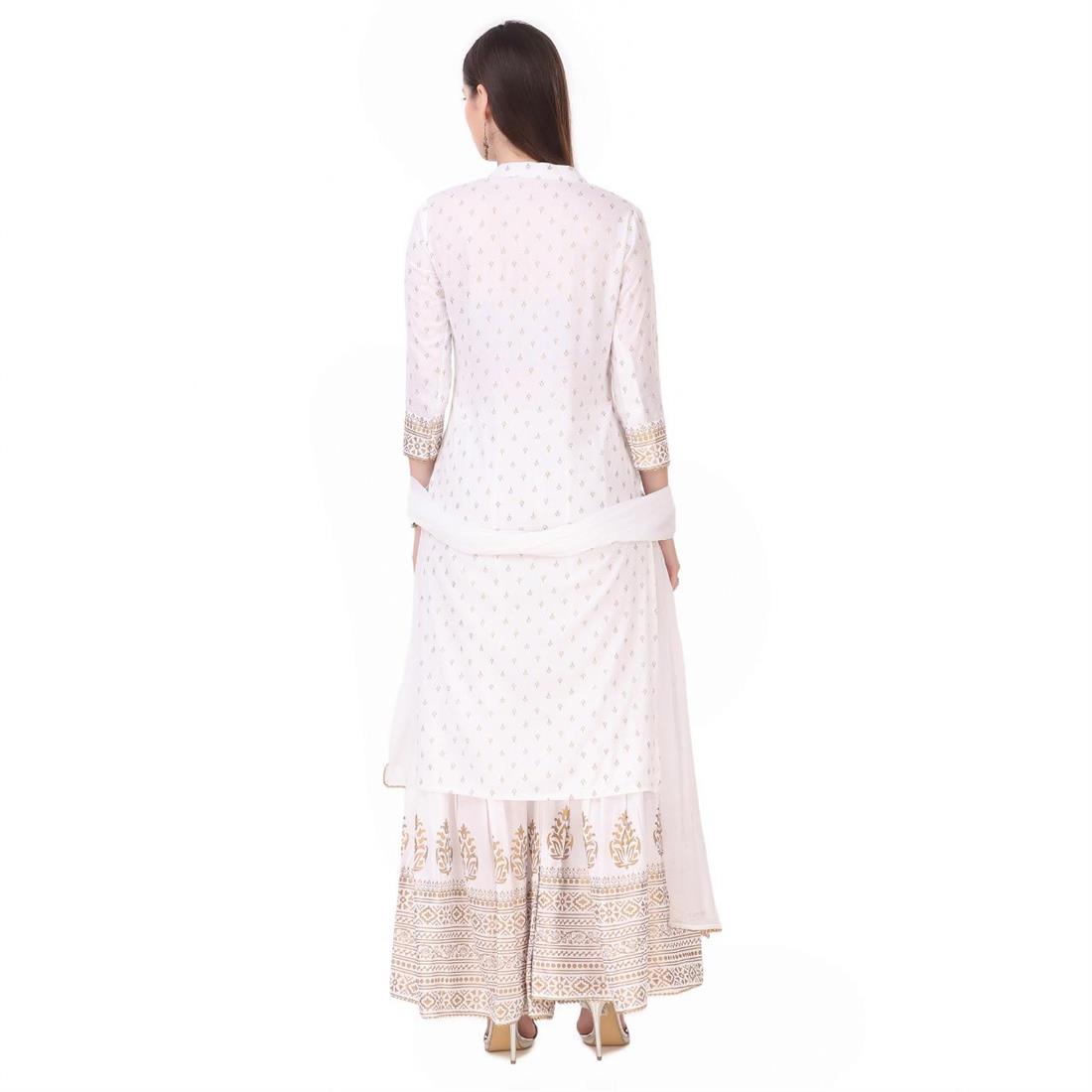White Simple Rayon 3 Piece Readymade Suit with Gharara