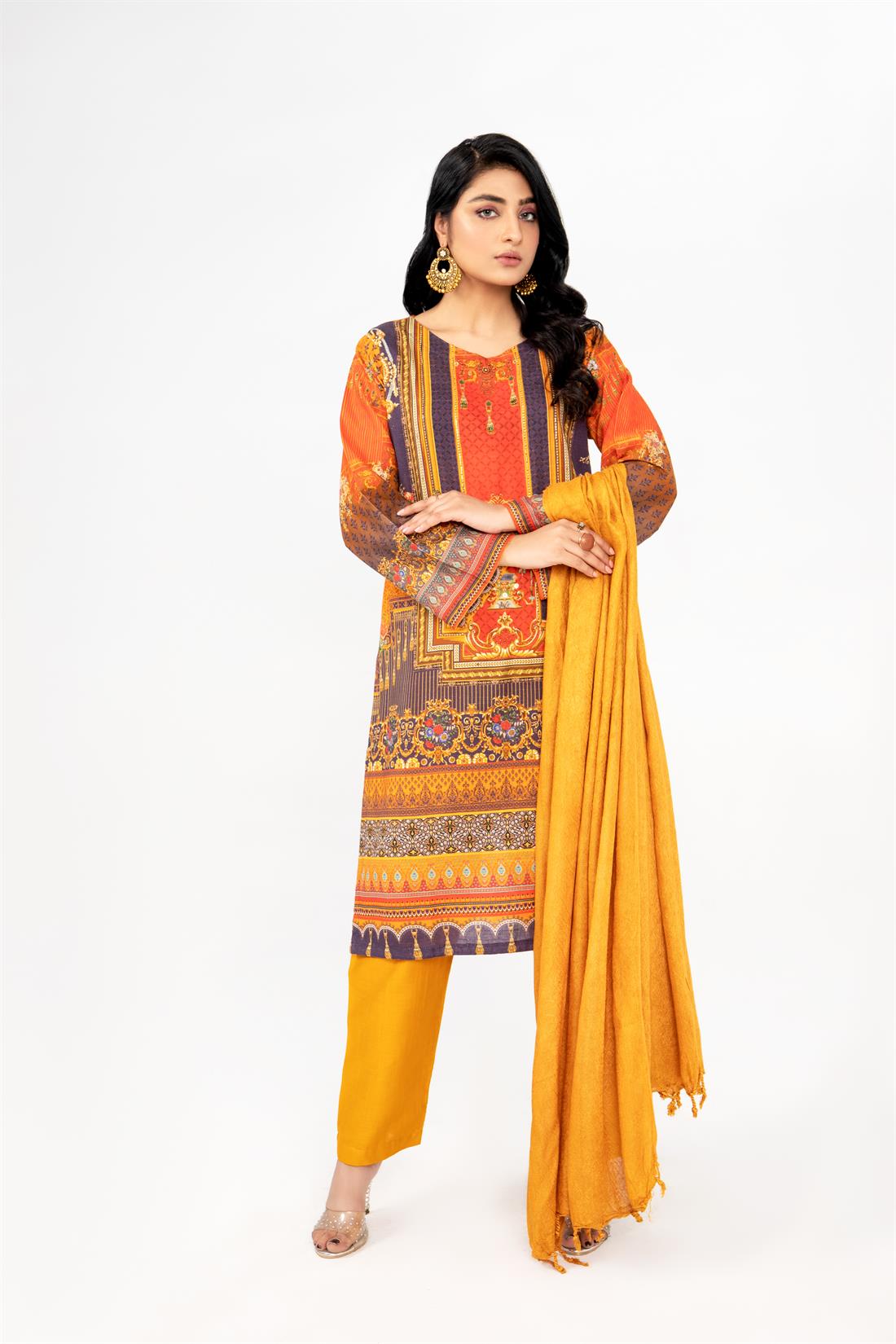 Mustard & Multicolour Printed Mustard/Multicolour Khadar Ladies Readymade Salwar Suit