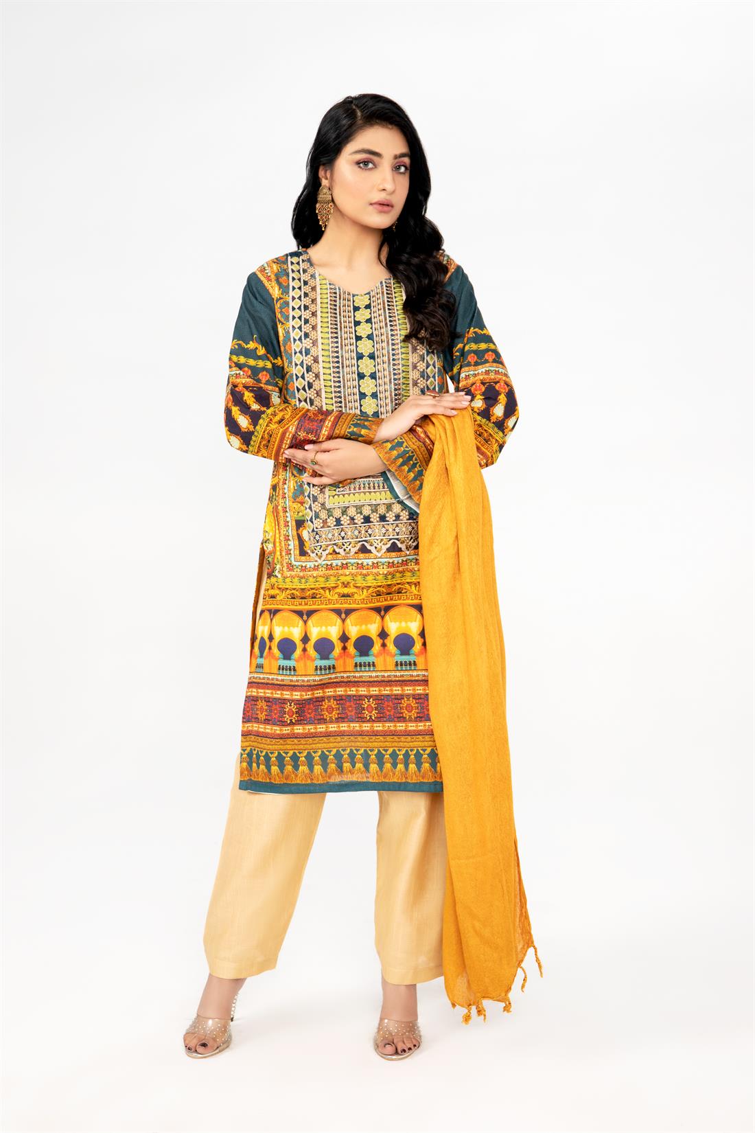 Skin & Teal Blue Printed Skin/Teal Khadar Ladies Readymade Salwar Suit