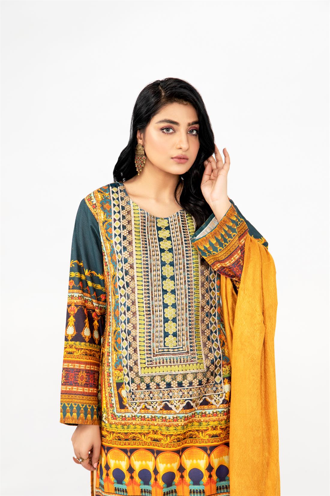 Skin & Teal Blue Printed Skin/Teal Khadar Ladies Readymade Salwar Suit