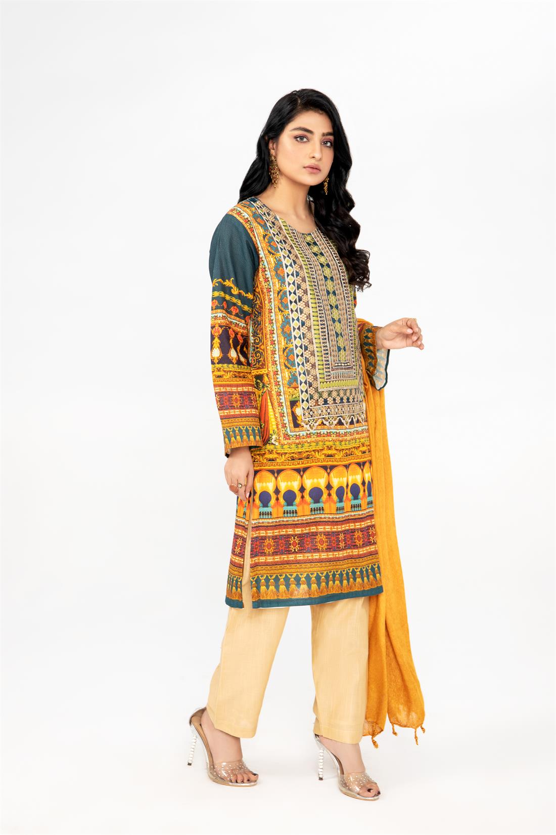 Skin & Teal Blue Printed Skin/Teal Khadar Ladies Readymade Salwar Suit