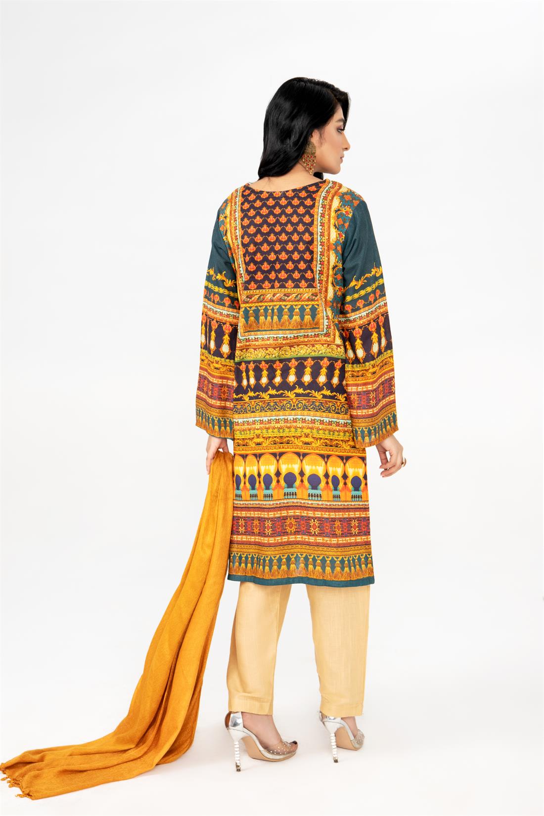Skin & Teal Blue Printed Skin/Teal Khadar Ladies Readymade Salwar Suit