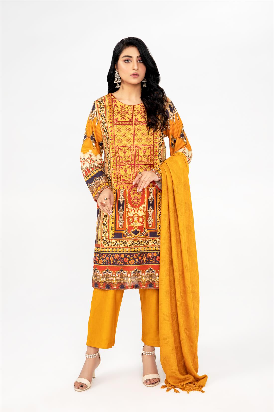 Mustard Printed 3 Piece Khadar Ladies Readymade Salwar Suit