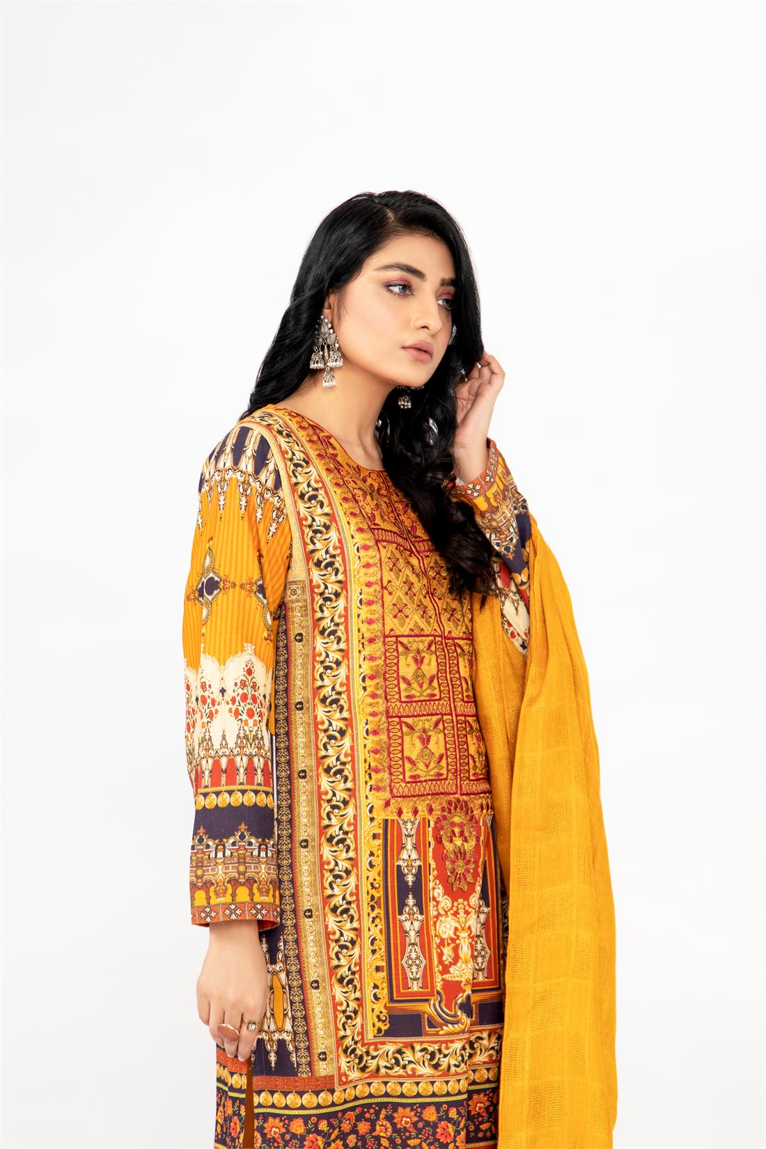 Mustard Printed 3 Piece Khadar Ladies Readymade Salwar Suit
