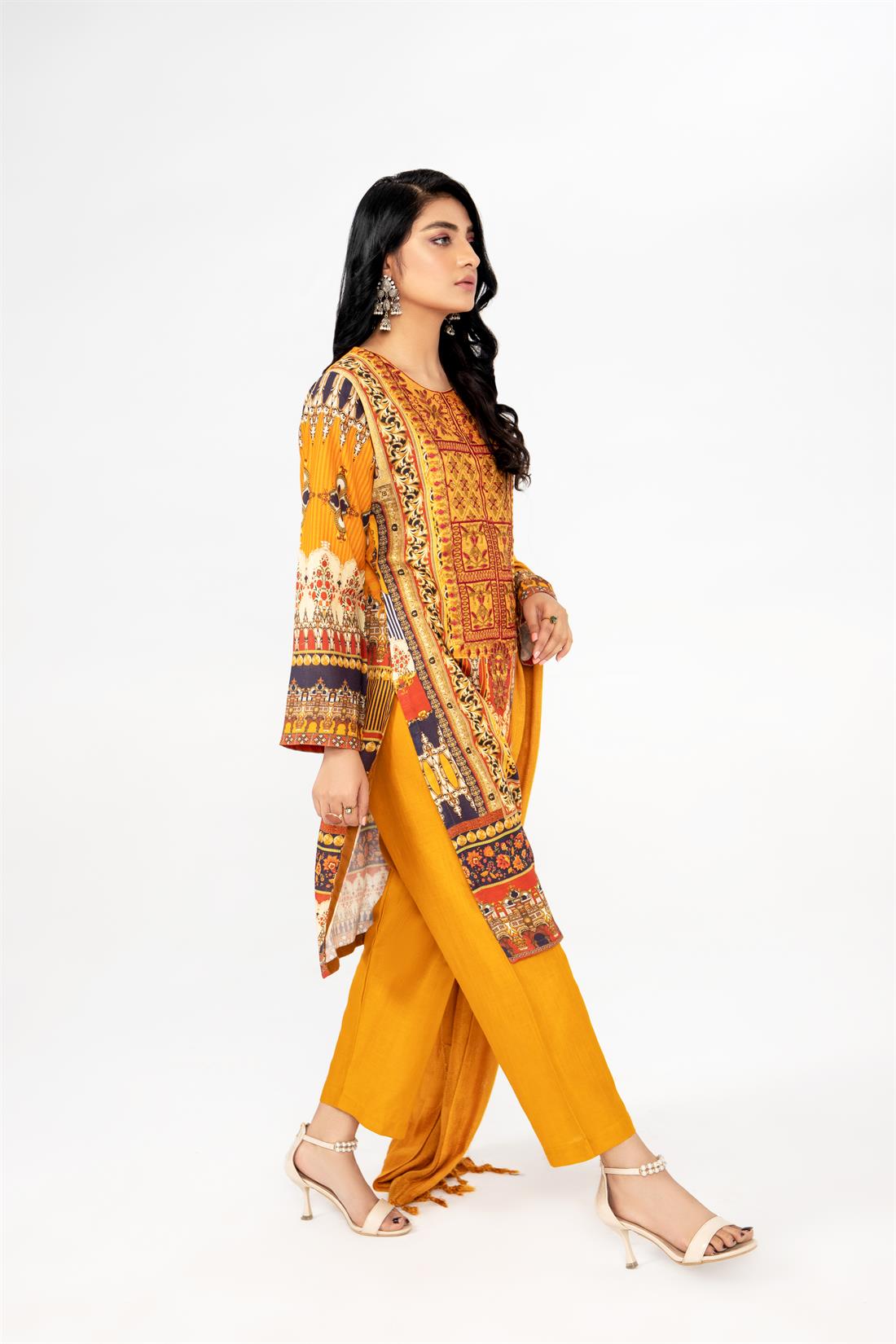 Mustard Printed 3 Piece Khadar Ladies Readymade Salwar Suit