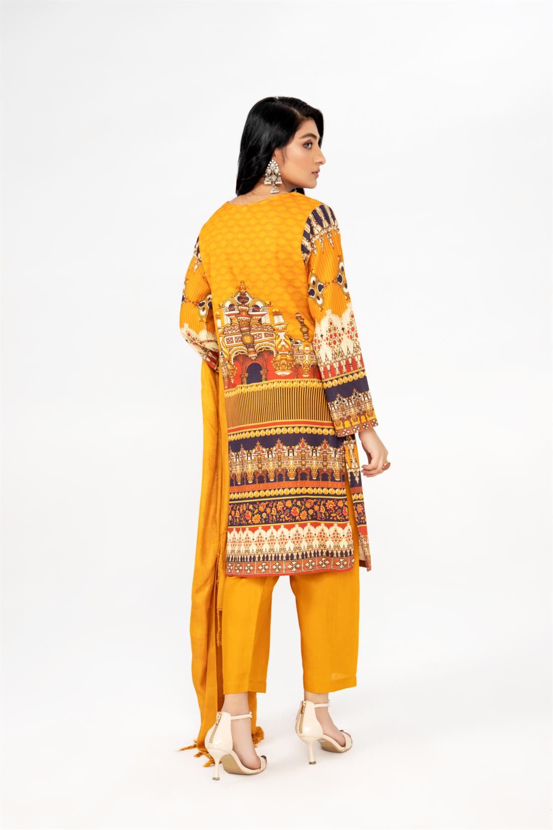 Mustard Printed 3 Piece Khadar Ladies Readymade Salwar Suit