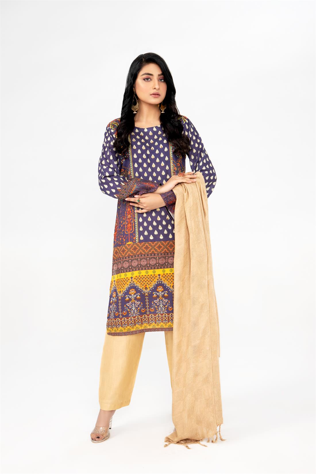 Skin & Blue Printed Skin/Blue 3 Piece Khadar Ladies Readymade Salwar Suit