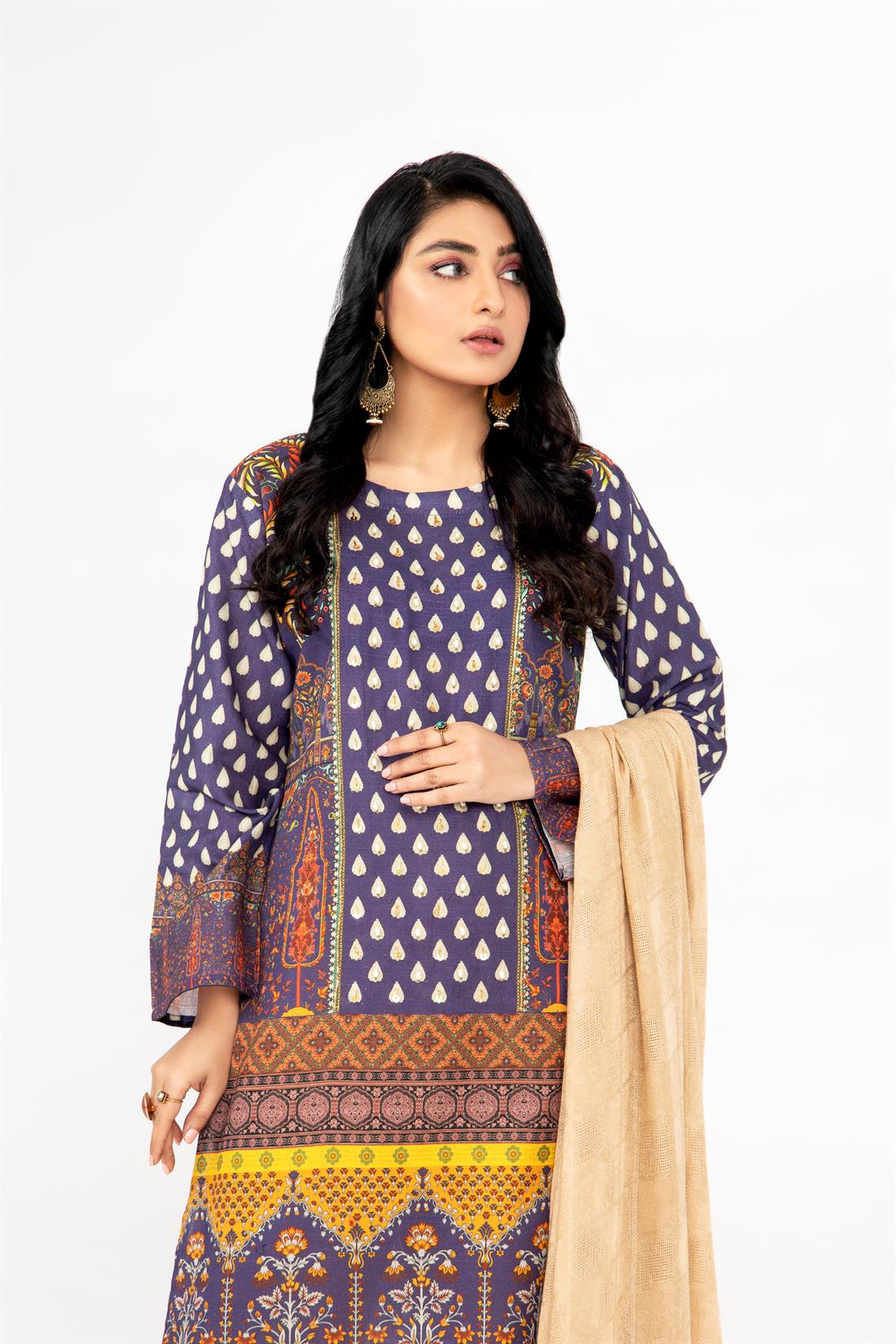 Skin & Blue Printed Skin/Blue 3 Piece Khadar Ladies Readymade Salwar Suit