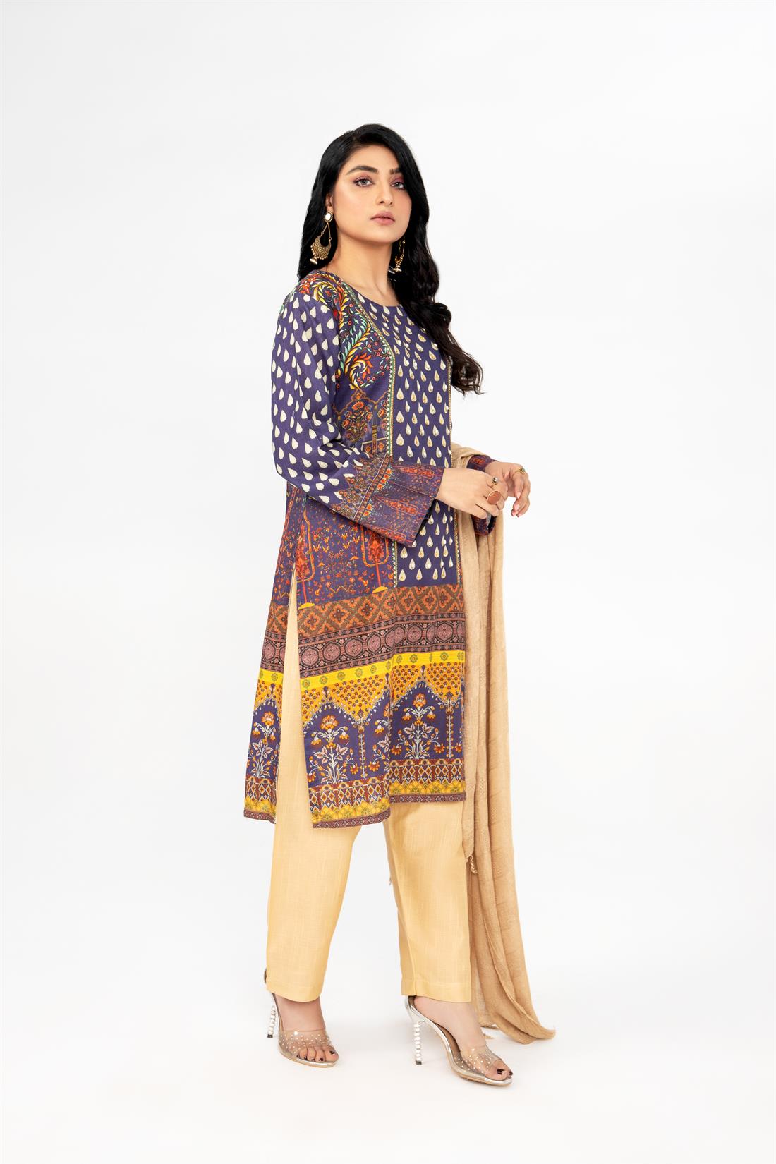 Skin & Blue Printed Skin/Blue 3 Piece Khadar Ladies Readymade Salwar Suit