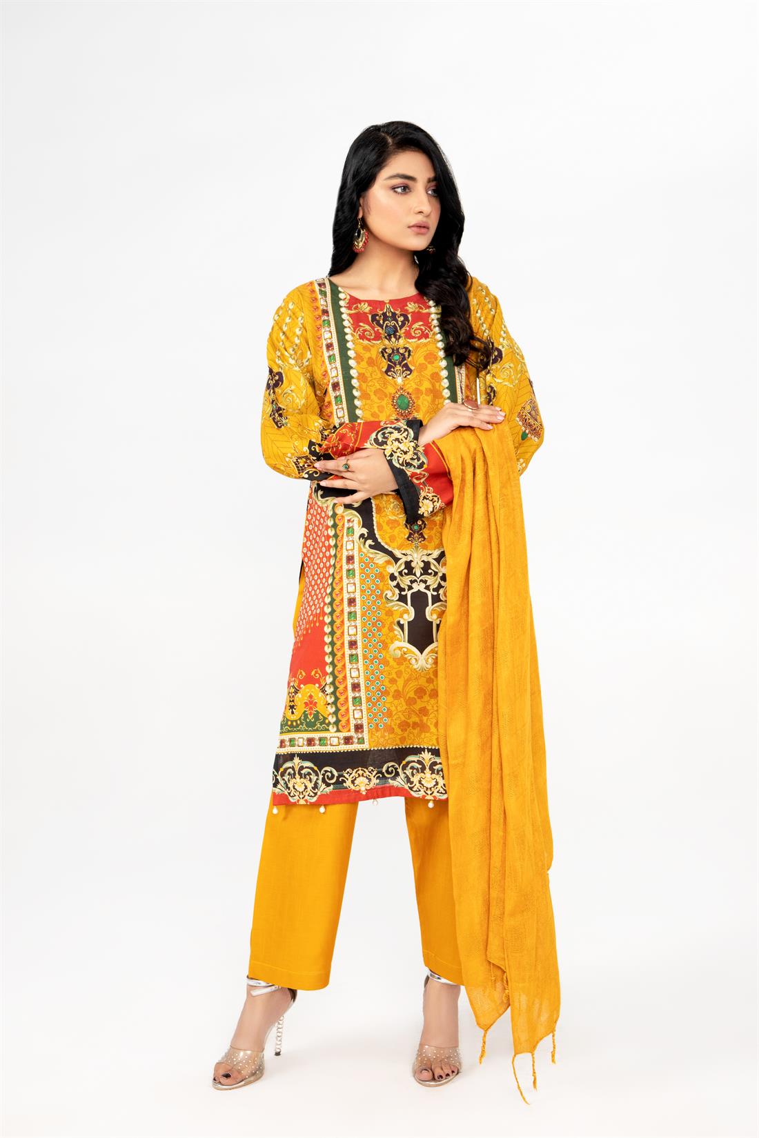 Mustard & Green Printed Mustard/Green 3 Piece Khadar Ladies Readymade Suit