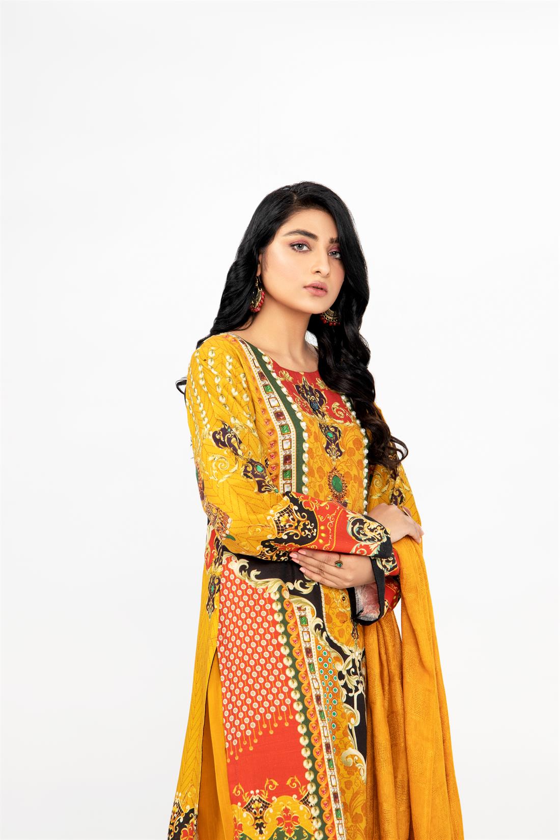 Mustard & Green Printed Mustard/Green 3 Piece Khadar Ladies Readymade Suit
